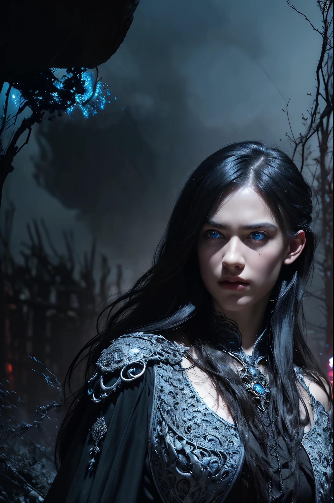 (Number of award-winning masterpieces々, incredibly detailed and textured, maximum resolution and clarity), (surreal: 1.4), (realistic: 1.3), (focus on upper body: 0.3), (Highest quality realistic textured skin, Realistic representation of pores and wrinkles), (An image of a beautiful woman standing from the waist up: 1.8), (Perfectly round eyes with attention to detail, Fascinating depth and iris pattern), (delicate and beautiful face: 1.6), (Set against the backdrop of the medieval world), (He wields a black straight sword with an elaborately decorated hilt that gives off a mysterious shine.。, ((look up)), ((look down)), (dramatic pose), beautiful white hair, beautiful silver hair, beautiful blonde hair, (black web robe:1.3), spider on armor, Strong warrior, Agile warrior, fantasy, ((dramatic photos)), ((dynamic pictures)), (red or blue eyes:1.3), light effect, dramatic light, (intricate details:1.1), complex background, (greg latkowski:0.8), (teal and orange:0.4), (swirling flames), (swirling lightning), (swirling ice and snow:0.7), Old ruins overgrown with plants, old castle ruins, ruins of an ancient castle, abandoned mine, desolate ruins, crumbling ruins, Ruins with clear puddles, twilight, sunset, evening, battlefield, bioluminescence,