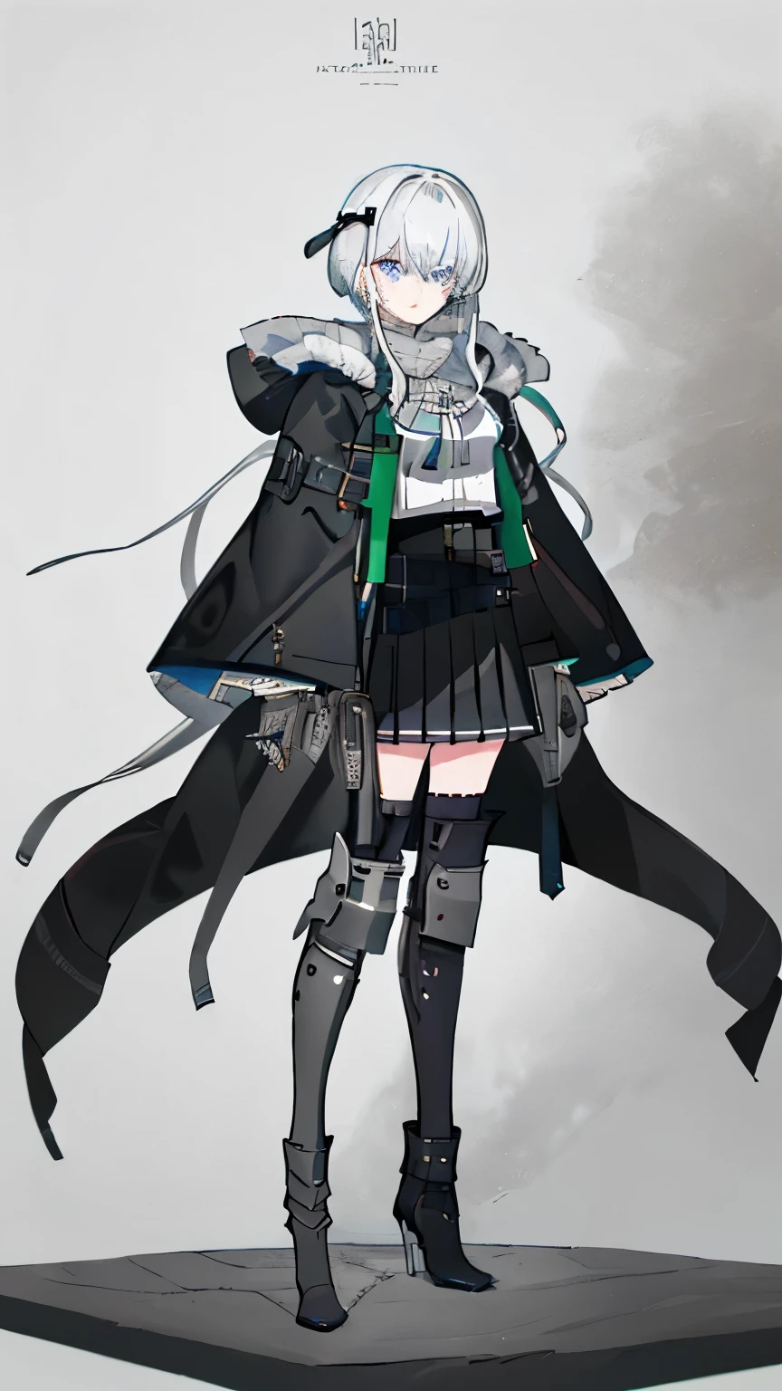 masterpiece,Best light and shadow,intricate details,alone,1 girl,solo,White hair,长White hair,armor,Showing thighs,solid color background,Gray wall,Eyes are very sharp,looking at the audience,pistol,Black short leather skirt,black boots,Black fur police cap,Diagonal band,chain,black leather gloves,White shirt,black coat,Social realism, masterpiece, anatomically correct, textured skin, super detail, award winning