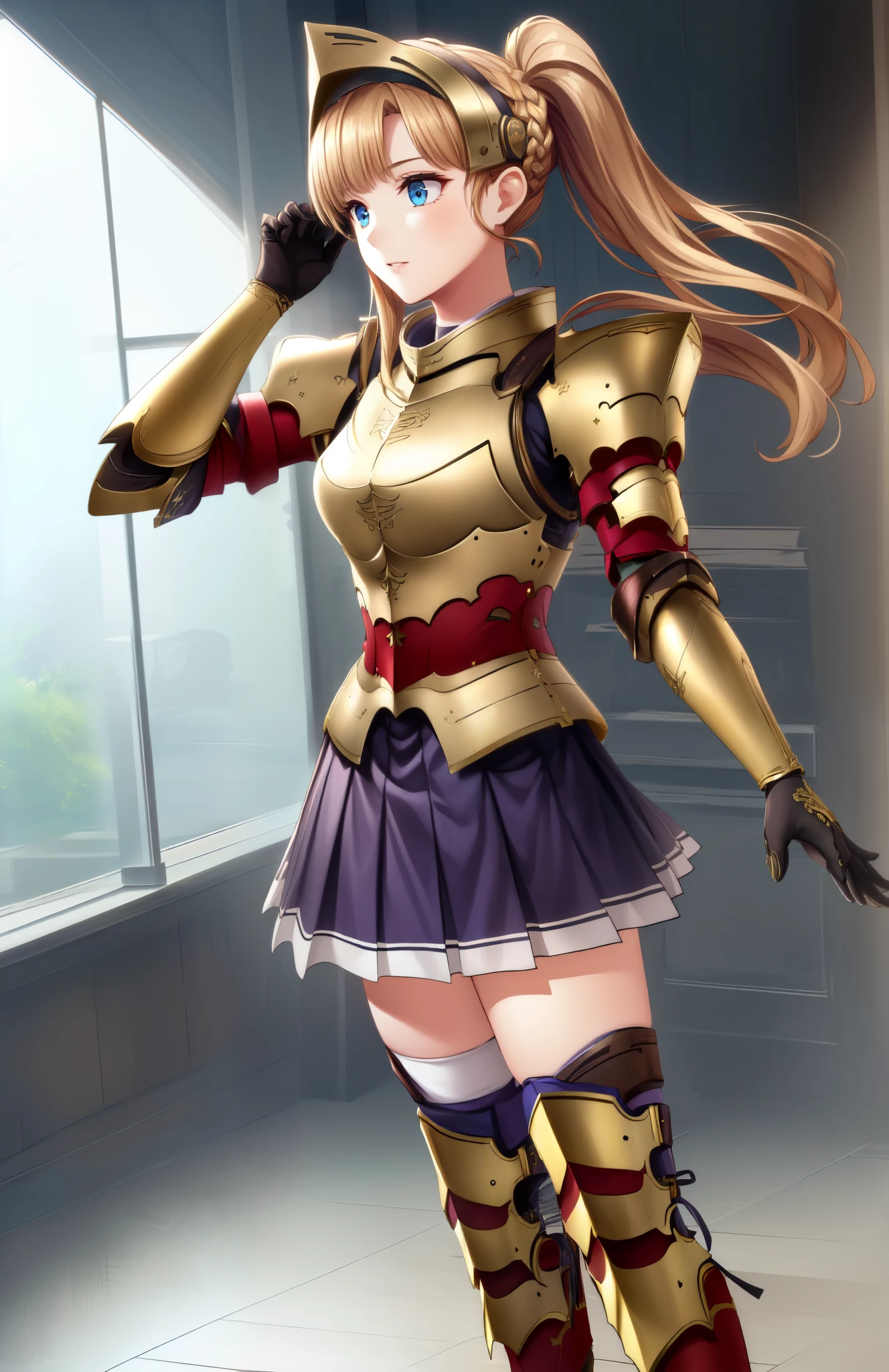 perfect eyes:1.2, detailed eyes:1.4, braid, hair intakes, twintails, hairband, blonde hair, blue eyes, helmet, armor, gauntlets, pleated skirt, armored boots, cowboy shot, 1girl, solo, (masterpiece:1.6, best quality), 8k, insane details, intricate details, hyperdetailed, hyper quality, high detail, ultra detailed, professional, HDR, ray tracing reflection, cinematic lighting,