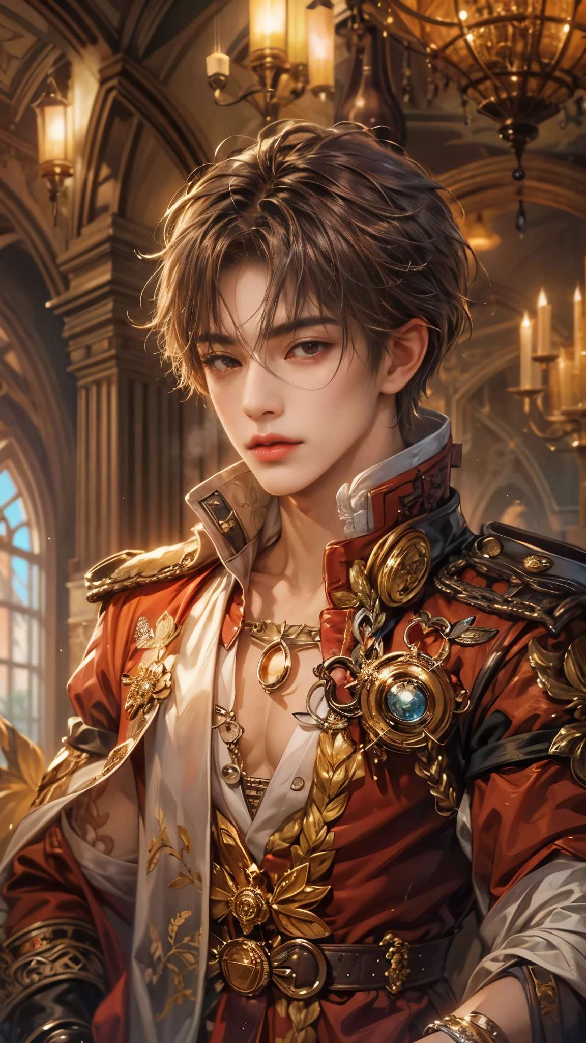 (absurdres, highres, ultra detailed, HDR), masterpiece, intricate details, best quality close-up picture of a character from Ragnarok Online, a character with handsome looks, korean face, dark crimson hair, short hair, anime red eyes, silly face, matured teen, Versailles outfit showing chest, crop top, detailed chamber fireplace with chandelier background, festive scenery, detailed character, art kenouji