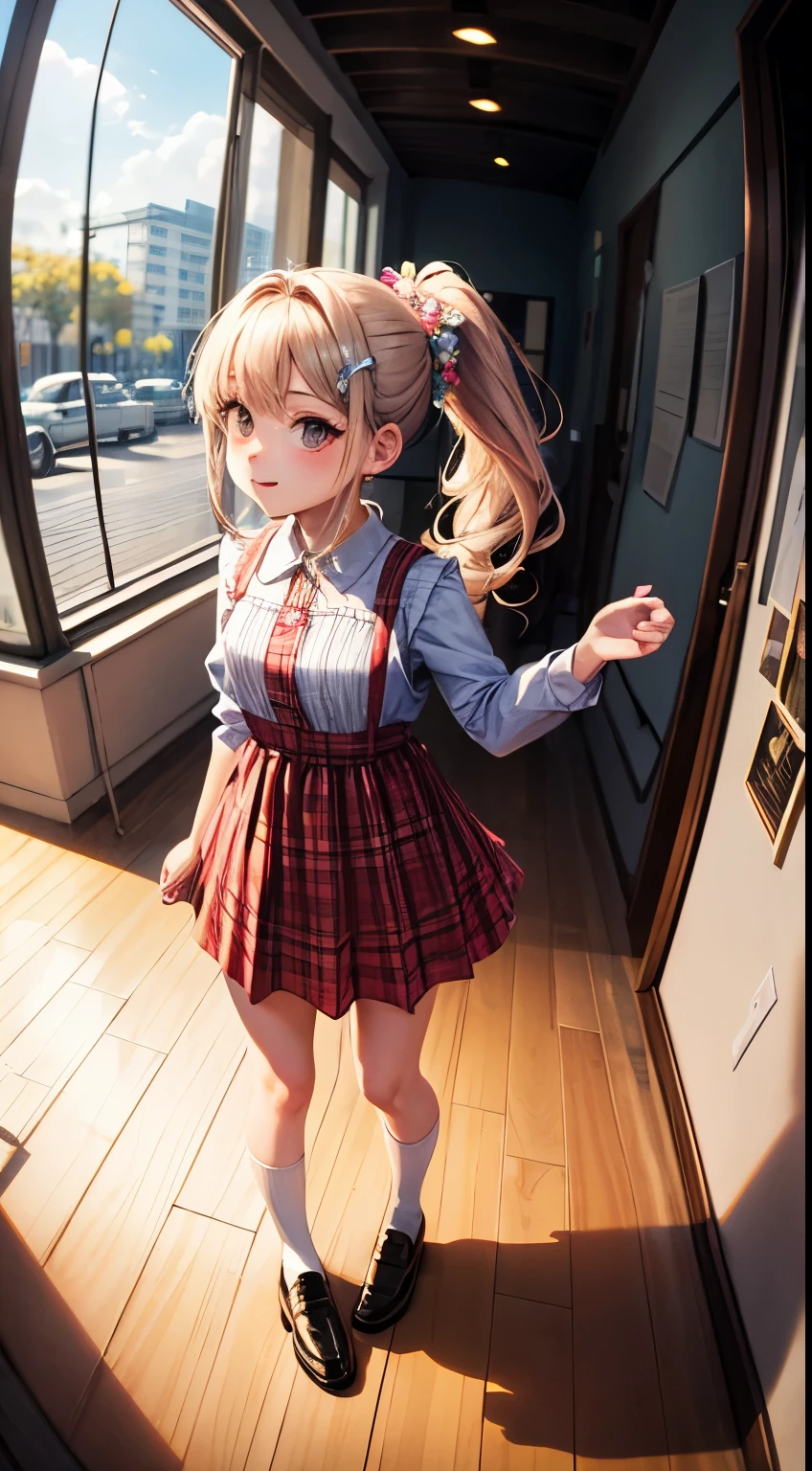 cute girl, petite girl, female, smile, smiling, has a big cute bow in her hair, 1girl, best quality, outdoor, high definition, cute,, , stuck in the wall, no extra limbs, no extra legs, no extra arms and hands
