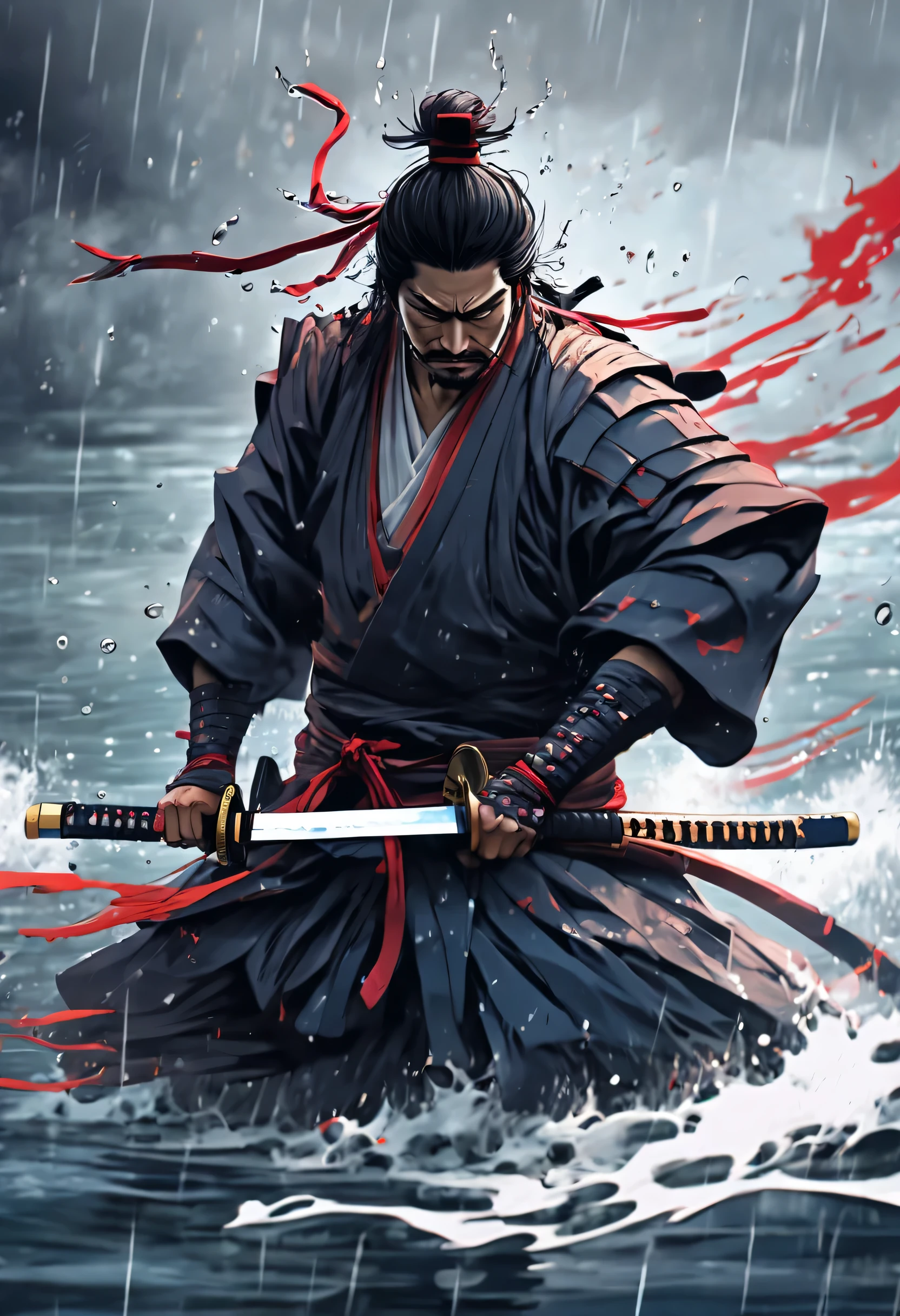 (best quality, Ultra-fine, Samurai emerge from the water, forcefully splash from clothes, One hand holds a katana, fighting, evade, Dodge, actual, photo-actual:1.37), bright colors, sharp focus, Bokeh, (fantasy:1.2),(mystical landscapes), (dynamic poses:1.37), intense gaze, Extraordinary power, mythical power, black and red, rainy day, Wounds on the body, splash, Japanese style)