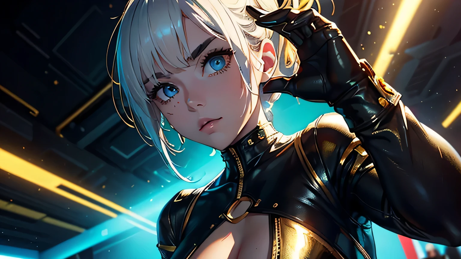 4K, A high resolution, Best quality at best, masterpiece, perfect colors, perfect shadow, perfect litthing, ((sportrait)), 1woman, fit body, heterochromia eyes，dark blue hair , blue eyes, With round lenses, The audience watched carefully, (s face: 1.2), Perfect female figure, ((dynamic pose)), ((gold and black Tight crop top gold and black leather suit)), ((shy and looking at viewert)), (Perfect thick white eyebrows) Delicate fur, 详细s face, s the perfect face,  , (dynamic pose), cyberpunk abstract background, ((Bonifasko lighting)), (The round lenses on his eyes)(detailed eyes), Perfect student, ((face close up))