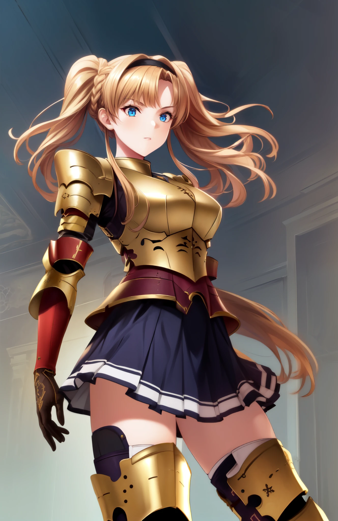 perfect eyes:1.2, detailed eyes:1.4, braid, hair intakes, twintails, hairband, blonde hair, blue eyes, helmet, armor, gauntlets, pleated skirt, armored boots, cowboy shot, 1girl, solo, (masterpiece:1.6, best quality), 8k, insane details, intricate details, hyperdetailed, hyper quality, high detail, ultra detailed, professional, HDR, ray tracing reflection, cinematic lighting,