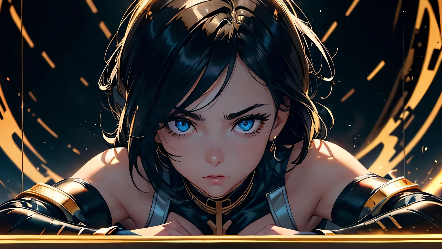 4K, A high resolution, Best quality at best, masterpiece, perfect colors, perfect shadow, perfect litthing, ((sportrait)), 1woman, fit body, heterochromia eyes，dark blue hair , blue eyes, With round lenses, The audience watched carefully, (s face: 1.2), Perfect female figure, ((dynamic pose)), ((gold and black Tight crop top gold and black leather suit)), ((shy and looking at viewert)), (Perfect thick white eyebrows) Delicate fur, 详细s face, s the perfect face,  , (dynamic pose), cyberpunk abstract background, ((Bonifasko lighting)), (The round lenses on his eyes)(detailed eyes), Perfect student, ((face close up))