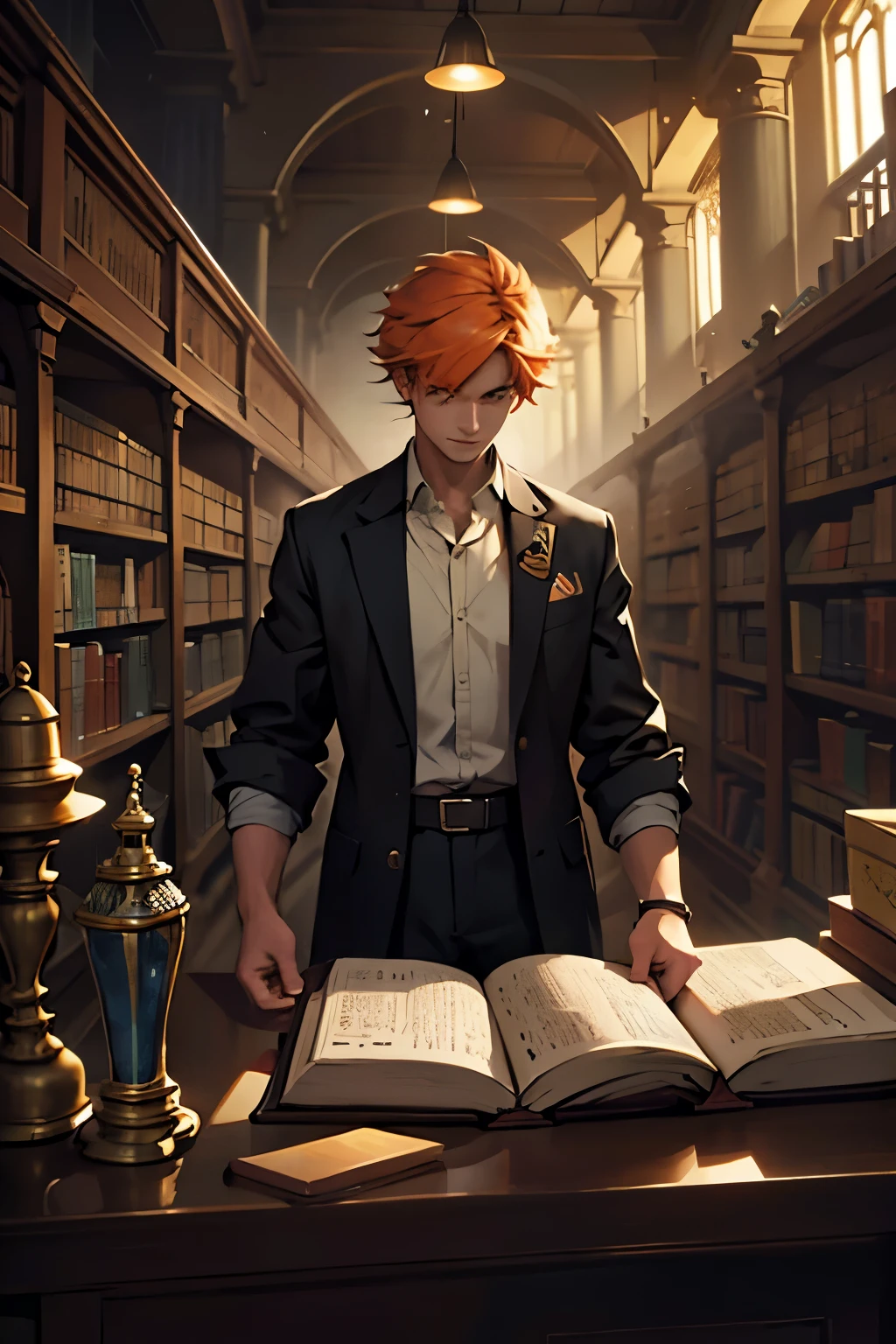 short-haired young bibliomaniac is in an ancient library of Alexandria or Babylon. or in a library in ancient Egypt he has orange hair and another young man looks at him and dark in his room, sentado y leyendo de espaldas a su escritorio lleno de libros desordenados mientras lee en la oscuridad, a somewhat depressing atmosphere with anatomy and science things.