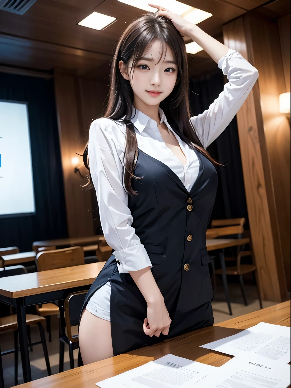 (highest quality, super detailed, golden ratio, table top:1.2), stage lighting:0.7, Photo of 18 year old Riga Hyun Korean woman in uniform,female lesbian, perfect face, (highly detailed skin), random colored hair, cover your mouth with your hand、laugh at, skin texture, white skin, shiny skin, (slim, :1.2), [:(focus clearly on the face, perfect eyes:1.2):0.2], realistic, film grain、cover your mouth with your hand and smile, random pose、three women、look up from below、straddle、Cowgirl