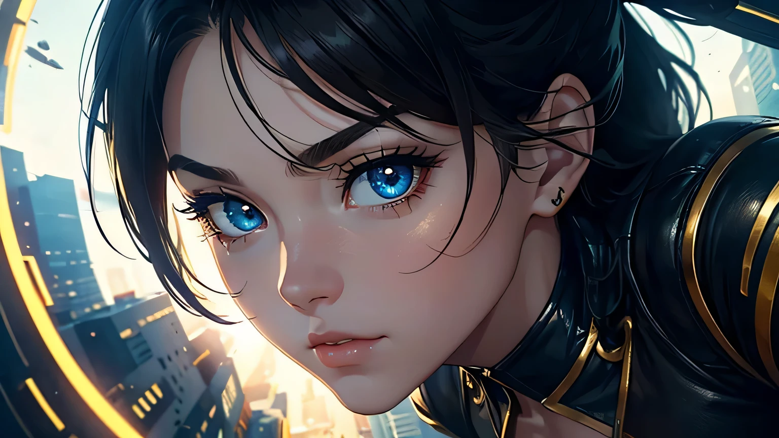 4K, A high resolution, Best quality at best, masterpiece, perfect colors, perfect shadow, perfect litthing, ((sportrait)), 1woman, fit body, heterochromia eyes，dark blue hair , blue eyes, With round lenses, The audience watched carefully, (s face: 1.2), Perfect female figure, ((dynamic pose)), ((gold and black Tight crop top gold and black leather suit)), ((shy and looking at viewert)), (Perfect thick white eyebrows) Delicate fur, 详细s face, s the perfect face,  , (dynamic pose), cyberpunk abstract background, ((Bonifasko lighting)), (The round lenses on his eyes)(detailed eyes), Perfect student, ((face close up))