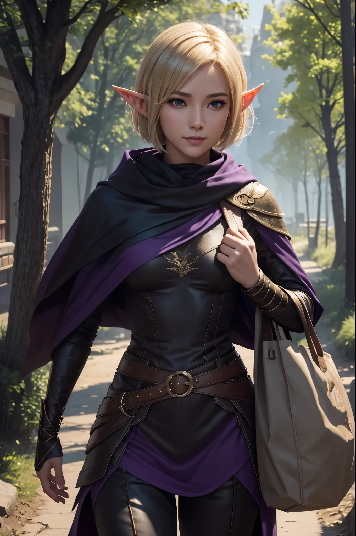 8k,Elf smiling blonde short bob hair,super beautiful(like the real thing),elf ears,An Arafe woman wearing a brown cloak is walking., super detailed Fantasy characterss, 3d rendering character art 8k, types of bacteria ; 3d unreal engine, fantasy costume, 4 k detail fantasy, 2. 5d cgi anime fantasy artwork, Fantasy characters, gorgeous purple and black pants, seductive woman, 素晴らしいcharacter art,masterpiece,Photorealistic RAW photos of the highest quality。bright colors,rich colors, Backlight, cinematic lighting, film grain, to be born, 50mm lens, Nikon D850,realistic skin,fantasy art,character art,ultra high resolution,realistic skin,wilderness,small breasts,road with dust,Adventurer's Costume,Carrying a large bag on your back,walk with half your face covered,hide your face,sharp gaze,
