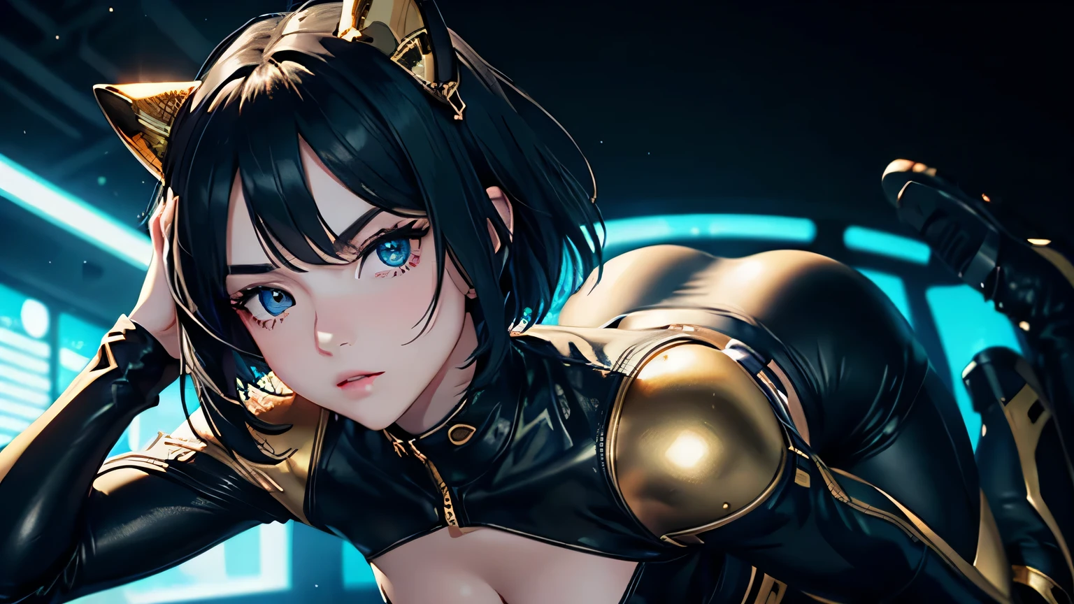 4K, A high resolution, Best quality at best, masterpiece, perfect colors, perfect shadow, perfect litthing, ((sportrait)), 1woman, fit body, heterochromia eyes,dark blue hair , blue eyes, With round lenses, The audience watched carefully, (s face: 1.2), Perfect female figure, ((dynamic pose)), ((gold and black Tight crop top gold and black leather suit)), ((shy and looking at viewert)), (Perfect thick white eyebrows) Delicate fur, 详细s face, s the perfect face, , (dynamic pose), cyberpunk abstract background, ((Bonifasko lighting)), (The round lenses on his eyes)(detailed eyes), Perfect student, ((face close up))