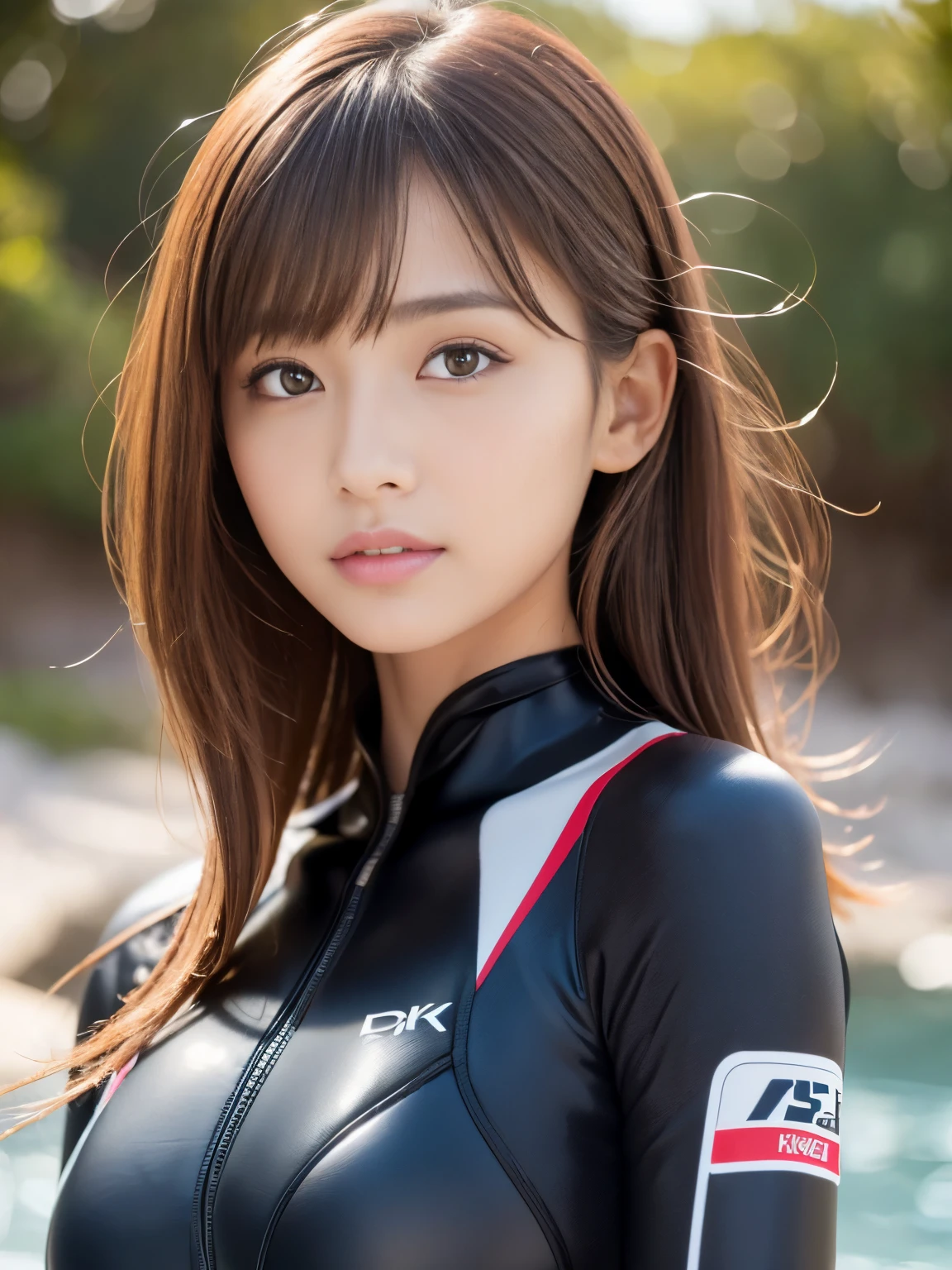 (Best Quality, 8k, 32k, Masterpiece, UHD: 1.3), Attractive Japan Woman Pictures, One Girl, Perfect Body, Ultra Detailed Face, Detailed Lips, Fine Eyes, Double Eyelids, (rash guard swimsuit), (Wetsuit), (undressing:1.2), light brown hair, asymmetrical hair, asymmetrical bangs, messy hair,  