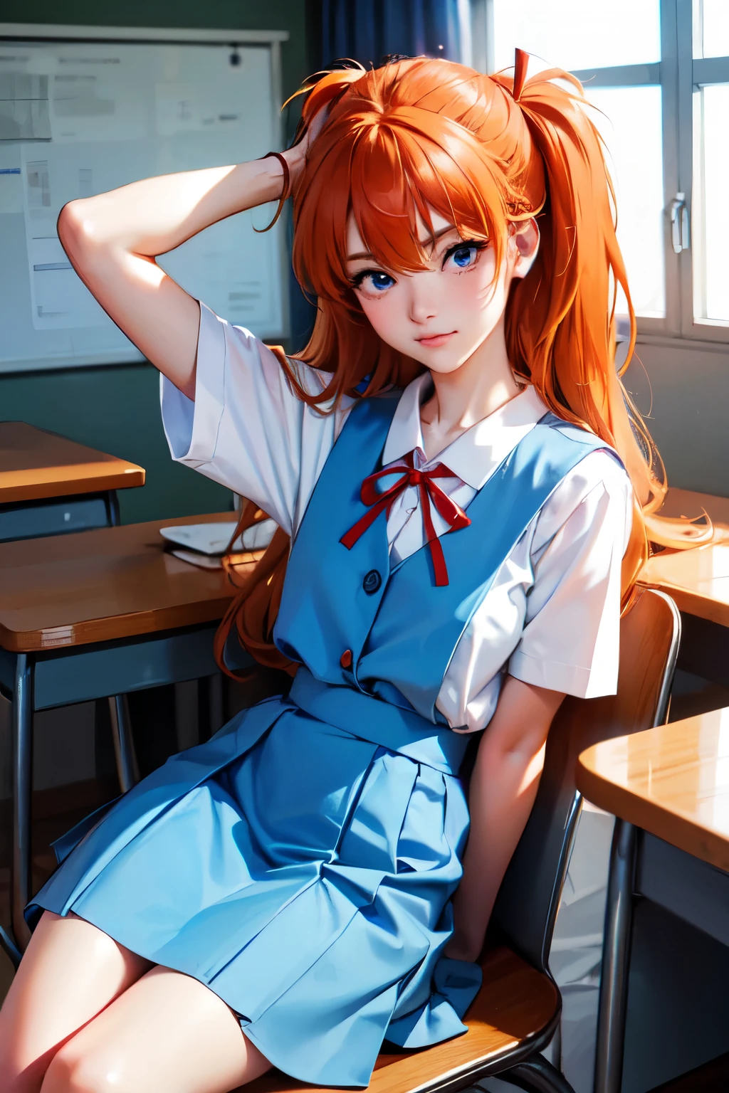 （8K, best quality, muste piece:1.2)、ultra high resolution、Anime,1 very cute girl,asuka langley,ultra-detailed face, detailed eyes,blue eyes,school uniform,White sailor collar plain short sleeve shirt,light blue skirt,Light blue suspenders,uniform_red ribbon,Orange Hair,long hair、detailed hand fingers,hand in own hair,smirk、sitting in a chair,desk in front of her,,classroom