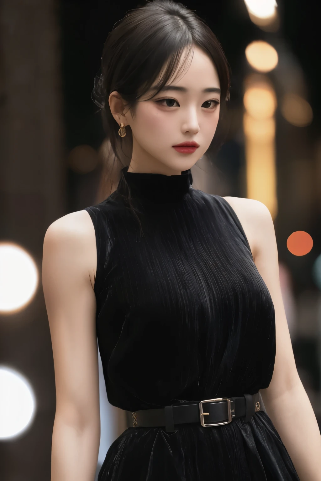 (mature body), (upper body:1.5), nikon RAW photo,8 k, Fujifilm XT3,masterpiece, best quality, realistic, photorealistic, ultra detailed, extremely detailed face, solo,1girl, standing, fashionable and trendy atmosphere, and a stylish expression on her face, close up, (narrow waist), black dress, walking, at the dark streets, moonrise, sleeveless, fabric clothes,