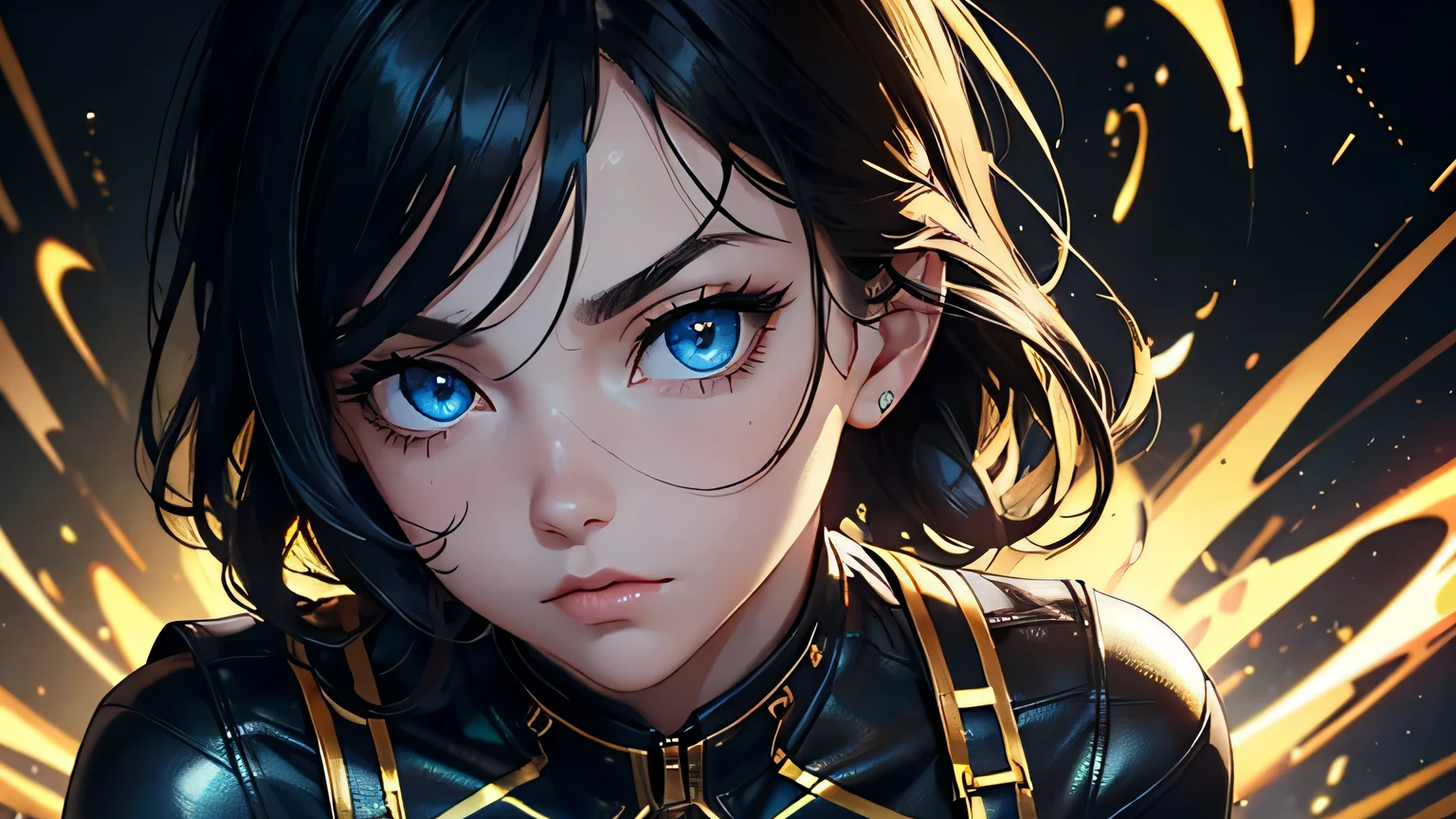 4K, A high resolution, Best quality at best, masterpiece, perfect colors, perfect shadow, perfect litthing, ((sportrait)), 1woman, fit body, heterochromia eyes,dark blue hair , blue eyes, With round lenses, The audience watched carefully, (s face: 1.2), Perfect female figure, ((dynamic pose)), ((gold and black Tight crop top gold and black leather suit)), ((shy and looking at viewert)), (Perfect thick white eyebrows) Delicate fur, 详细s face, s the perfect face, , (dynamic pose), cyberpunk abstract background, ((Bonifasko lighting)), (The round lenses on his eyes)(detailed eyes), Perfect student, ((face close up))