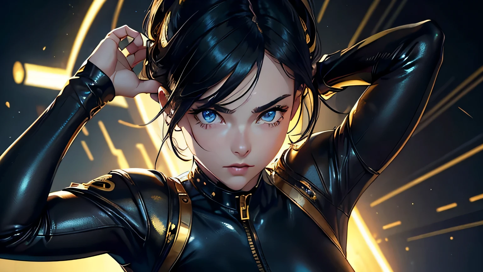 4K, A high resolution, Best quality at best, masterpiece, perfect colors, perfect shadow, perfect litthing, ((sportrait)), 1woman, fit body, heterochromia eyes，dark blue hair , blue eyes, With round lenses, The audience watched carefully, (s face: 1.2), Perfect female figure, ((dynamic pose)), ((gold and black Tight crop top gold and black leather suit)), ((shy and looking at viewert)), (Perfect thick white eyebrows) Delicate fur, 详细s face, s the perfect face,  , (dynamic pose), cyberpunk abstract background, ((Bonifasko lighting)), (The round lenses on his eyes)(detailed eyes), Perfect student, ((face close up))