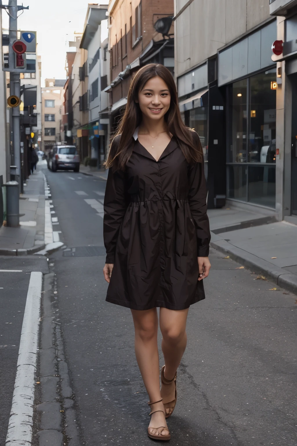 (Full body image:1.5), (haruko, standing, alone:1.2) , (she's wearing sunday dress:1.3), (she's walking home the street coming from church:1.3), she has (brown eyes, dark brown a little long hair:1.2), (she's smiling a little, looking at the person walking towards her:1.2), anime style, 16k, best quality, high details, textured skin, UHD, masterpiece, anatomically correct