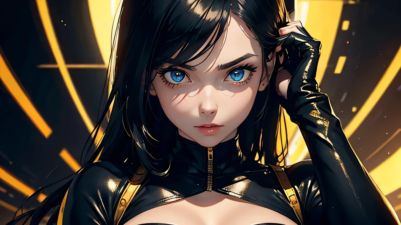 4K, A high resolution, Best quality at best, masterpiece, perfect colors, perfect shadow, perfect litthing, ((sportrait)), 1woman, fit body, heterochromia eyes,dark blue hair , blue eyes, With round lenses, The audience watched carefully, (s face: 1.2), Perfect female figure, ((dynamic pose)), ((gold and black Tight crop top gold and black leather suit)), ((shy and looking at viewert)), (Perfect thick white eyebrows) Delicate fur, 详细s face, s the perfect face, , (dynamic pose), cyberpunk abstract background, ((Bonifasko lighting)), (The round lenses on his eyes)(detailed eyes), Perfect student, ((face close up))