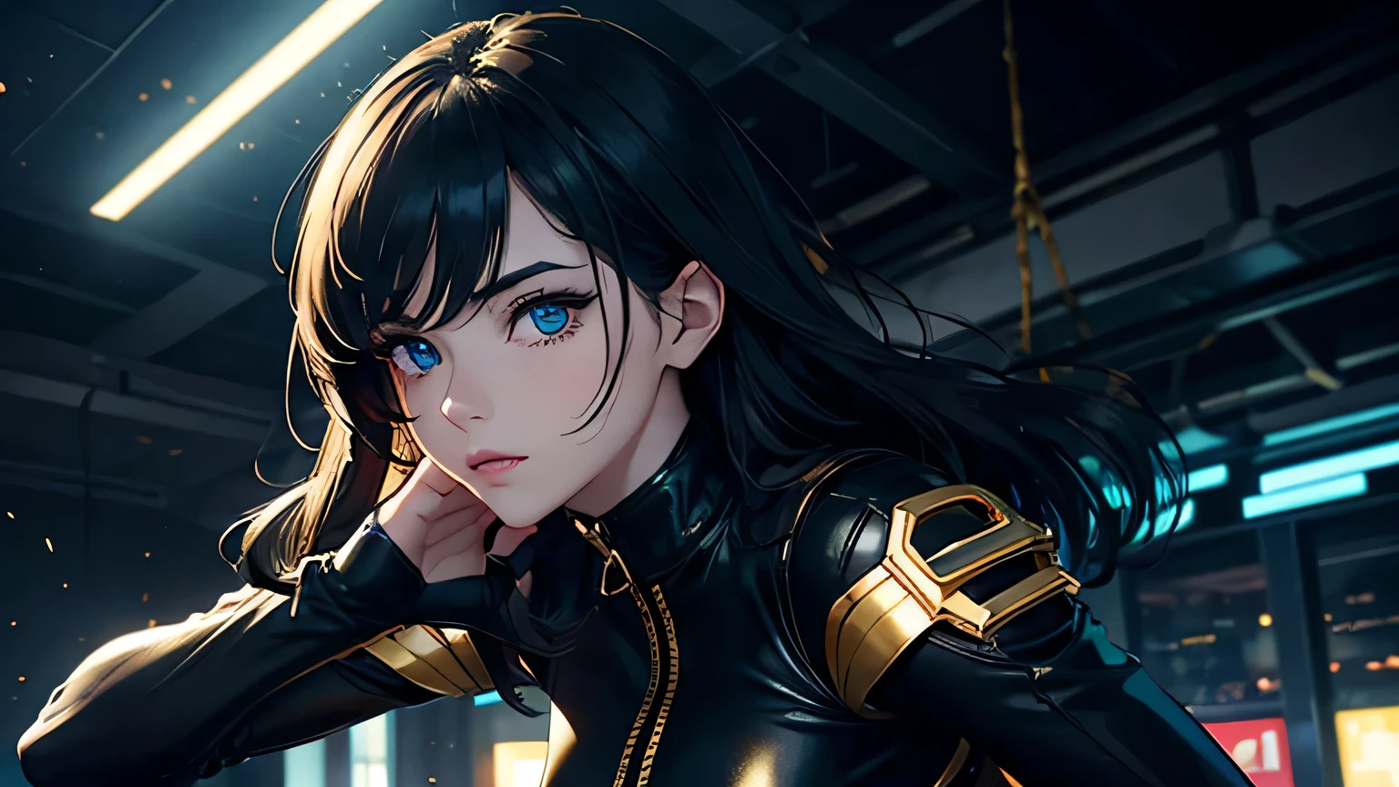 4K, A high resolution, Best quality at best, masterpiece, perfect colors, perfect shadow, perfect litthing, ((sportrait)), 1woman, fit body, heterochromia eyes,dark blue hair , blue eyes, With round lenses, The audience watched carefully, (s face: 1.2), Perfect female figure, ((dynamic pose)), ((gold and black Tight crop top gold and black leather suit)), ((shy and looking at viewert)), (Perfect thick white eyebrows) Delicate fur, 详细s face, s the perfect face, , (dynamic pose), cyberpunk abstract background, ((Bonifasko lighting)), (The round lenses on his eyes)(detailed eyes), Perfect student, ((face close up))