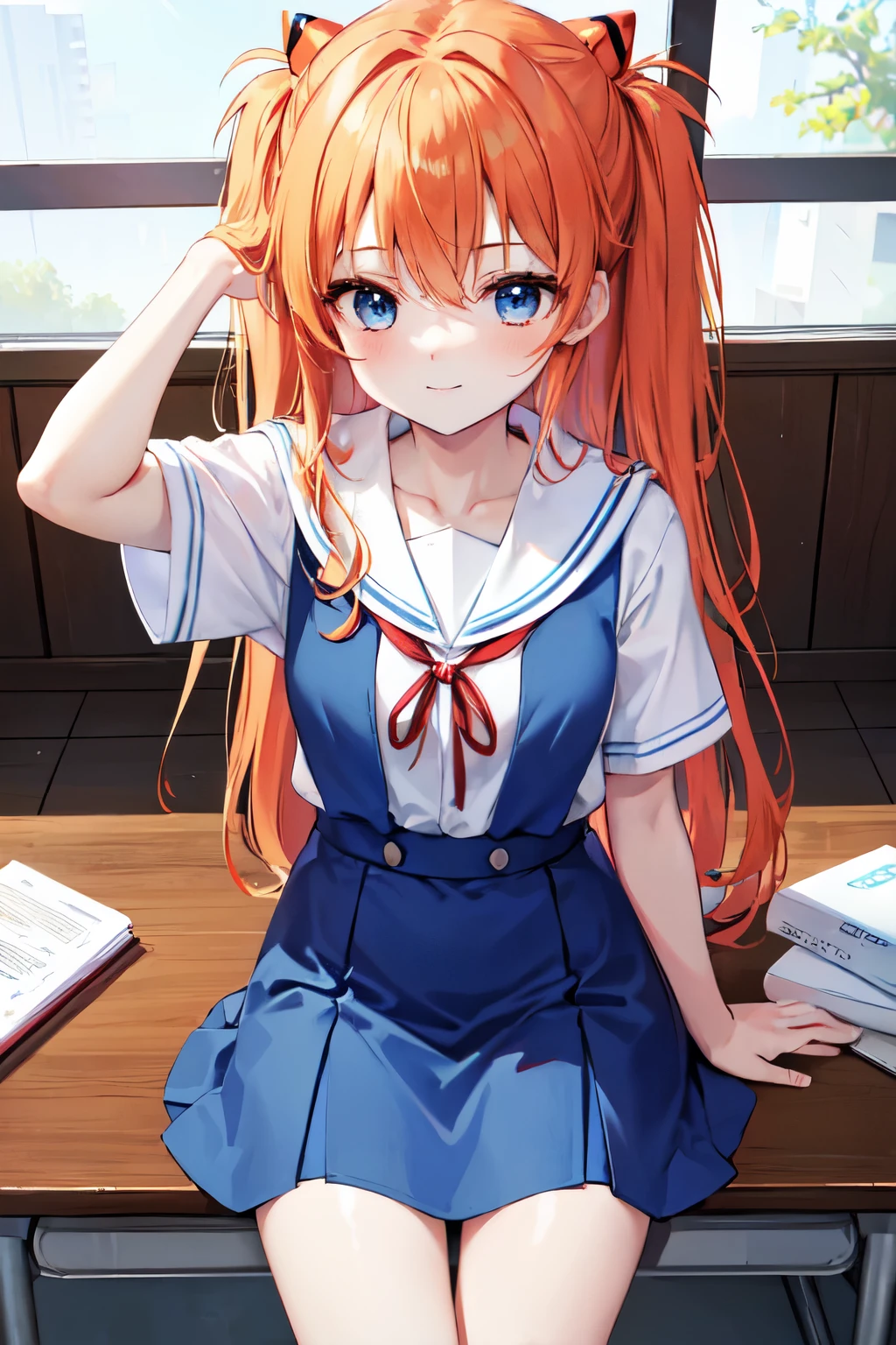 （8K, best quality, muste piece:1.2)、ultra high resolution、Anime,1 very cute girl,asuka langley,ultra-detailed face, detailed eyes,blue eyes,school uniform,White sailor collar plain short sleeve shirt,light blue skirt,Light blue suspenders,uniform_red ribbon,Orange Hair,long hair、detailed hand fingers,hand in own hair,smirk、sitting at a desk,lunch box on the desk,shot from above,classroom