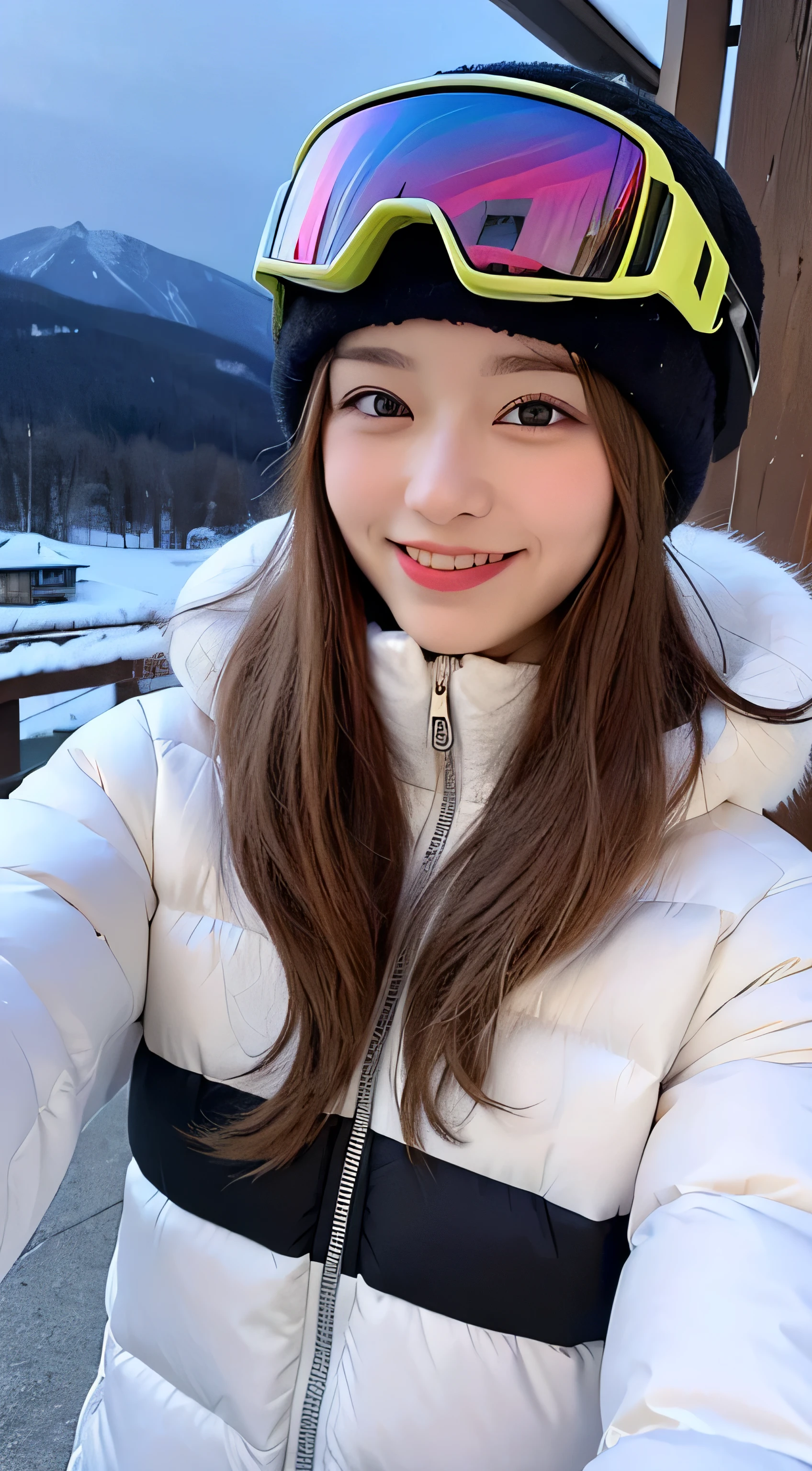 realistic, 1 girl, shining eyes, smile、brown hair、Ultra high definition、20-year-old、Ski resort、snow、ski wear、big breasts、goggles、beautiful eyes