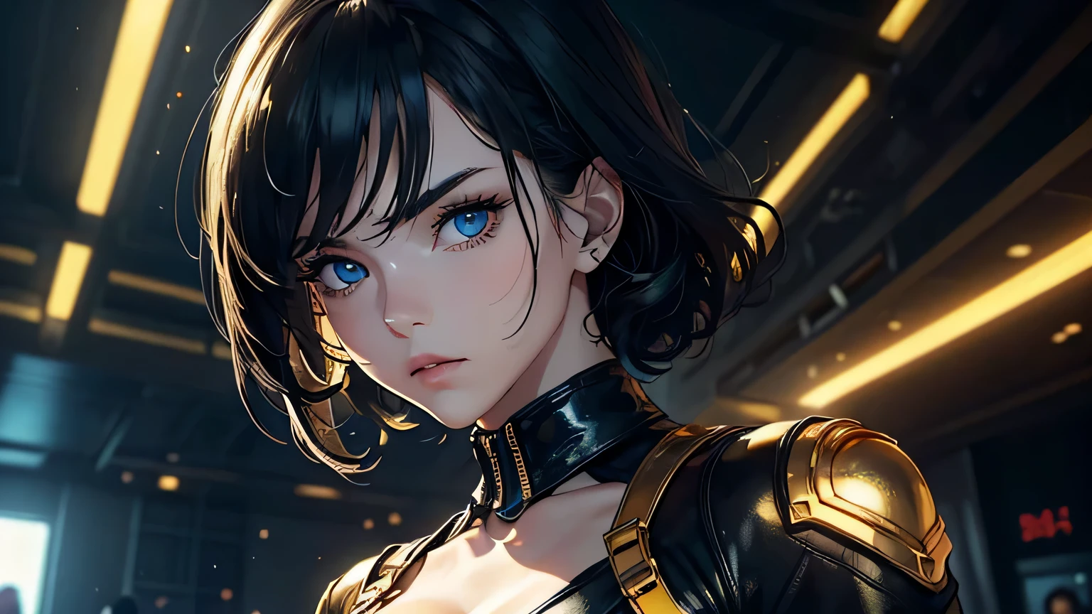 4K, A high resolution, Best quality at best, masterpiece, perfect colors, perfect shadow, perfect litthing, ((sportrait)), 1woman, fit body, heterochromia eyes,dark blue hair , blue eyes, With round lenses, The audience watched carefully, (s face: 1.2), Perfect female figure, ((dynamic pose)), ((gold and black Tight crop top gold and black leather suit)), ((shy and looking at viewert)), (Perfect thick white eyebrows) Delicate fur, 详细s face, s the perfect face, , (dynamic pose), cyberpunk abstract background, ((Bonifasko lighting)), (The round lenses on his eyes)(detailed eyes), Perfect student, ((face close up))