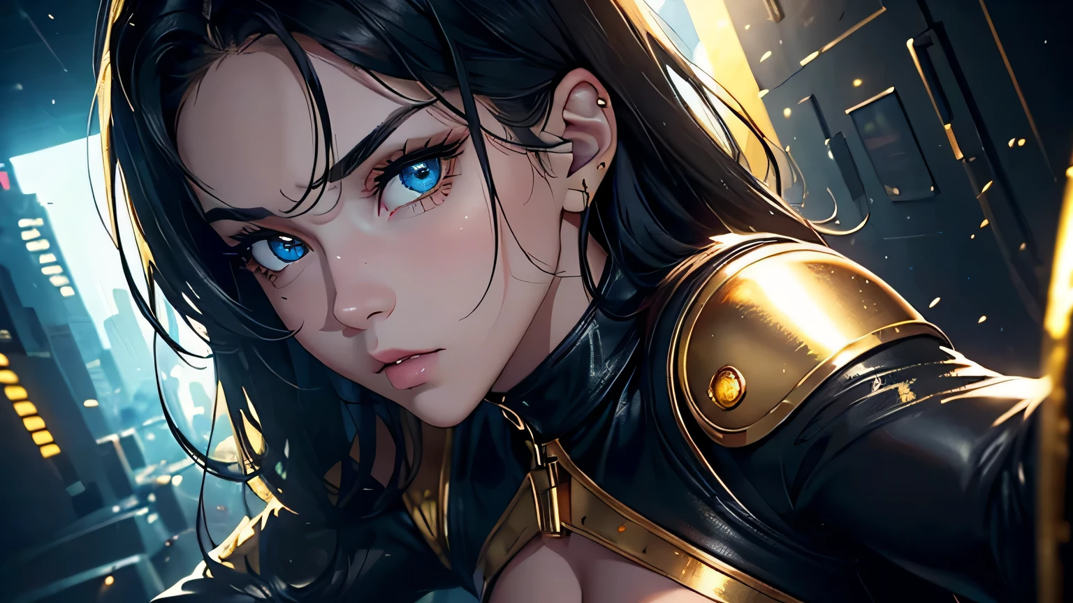 4K, A high resolution, Best quality at best, masterpiece, perfect colors, perfect shadow, perfect litthing, ((sportrait)), 1woman, fit body, heterochromia eyes,dark blue hair , blue eyes, With round lenses, The audience watched carefully, (s face: 1.2), Perfect female figure, ((dynamic pose)), ((gold and black Tight crop top gold and black leather suit)), ((shy and looking at viewert)), (Perfect thick white eyebrows) Delicate fur, 详细s face, s the perfect face, , (dynamic pose), cyberpunk abstract background, ((Bonifasko lighting)), (The round lenses on his eyes)(detailed eyes), Perfect student, ((face close up))