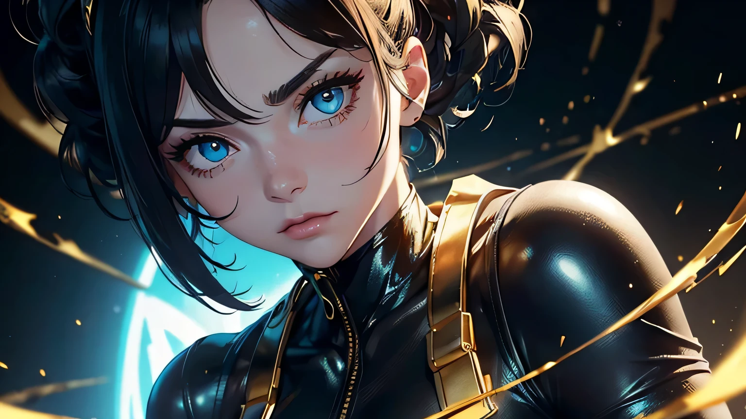 4K, A high resolution, Best quality at best, masterpiece, perfect colors, perfect shadow, perfect litthing, ((sportrait)), 1woman, fit body, heterochromia eyes,dark blue hair , blue eyes, With round lenses, The audience watched carefully, (s face: 1.2), Perfect female figure, ((dynamic pose)), ((gold and black Tight crop top gold and black leather suit)), ((shy and looking at viewert)), (Perfect thick white eyebrows) Delicate fur, 详细s face, s the perfect face, , (dynamic pose), cyberpunk abstract background, ((Bonifasko lighting)), (The round lenses on his eyes)(detailed eyes), Perfect student, ((face close up))