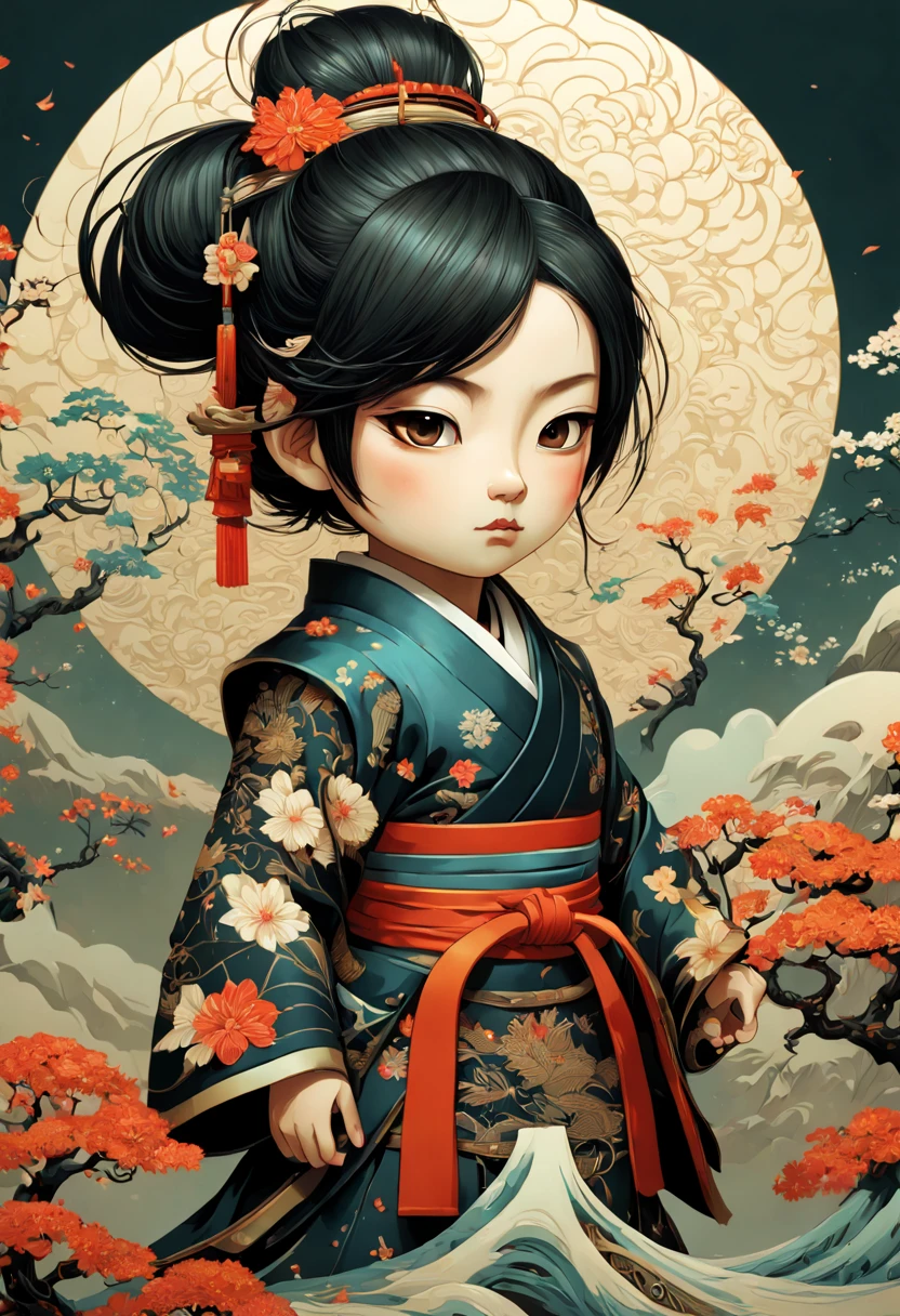 an adorable samurai chibi with traditional Japanese intricate clothes, a highly intricate and hyperdetailed drawing, Greg Rutkowski, Victo Ngai, Sakiyama, cover art, long exposure, cel-shaded, character design, 3d shading, 3DEXCITE, award-winning Epic cinematic brilliant stunning intricate meticulously detailed dramatic atmospheric maximalist