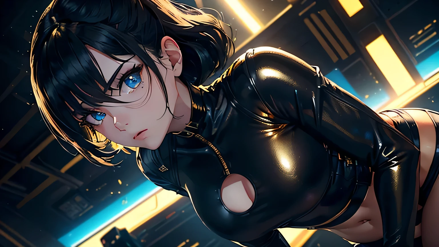 4K, A high resolution, Best quality at best, masterpiece, perfect colors, perfect shadow, perfect litthing, ((sportrait)), 1woman, fit body, heterochromia eyes,dark blue hair , blue eyes, With round lenses, The audience watched carefully, (s face: 1.2), Perfect female figure, ((dynamic pose)), ((gold and black Tight crop top gold and black leather suit)), ((shy and looking at viewert)), (Perfect thick white eyebrows) Delicate fur, 详细s face, s the perfect face, , (dynamic pose), cyberpunk abstract background, ((Bonifasko lighting)), (The round lenses on his eyes)(detailed eyes), Perfect student, ((face close up))