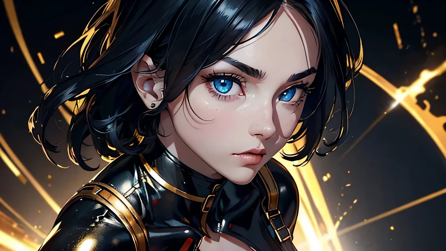 4K, A high resolution, Best quality at best, masterpiece, perfect colors, perfect shadow, perfect litthing, ((sportrait)), 1woman, fit body, heterochromia eyes，dark blue hair , blue eyes, With round lenses, The audience watched carefully, (s face: 1.2), Perfect female figure, ((dynamic pose)), ((gold and black Tight crop top gold and black leather suit)), ((shy and looking at viewert)), (Perfect thick white eyebrows) Delicate fur, 详细s face, s the perfect face,  , (dynamic pose), cyberpunk abstract background, ((Bonifasko lighting)), (The round lenses on his eyes)(detailed eyes), Perfect student, ((face close up))