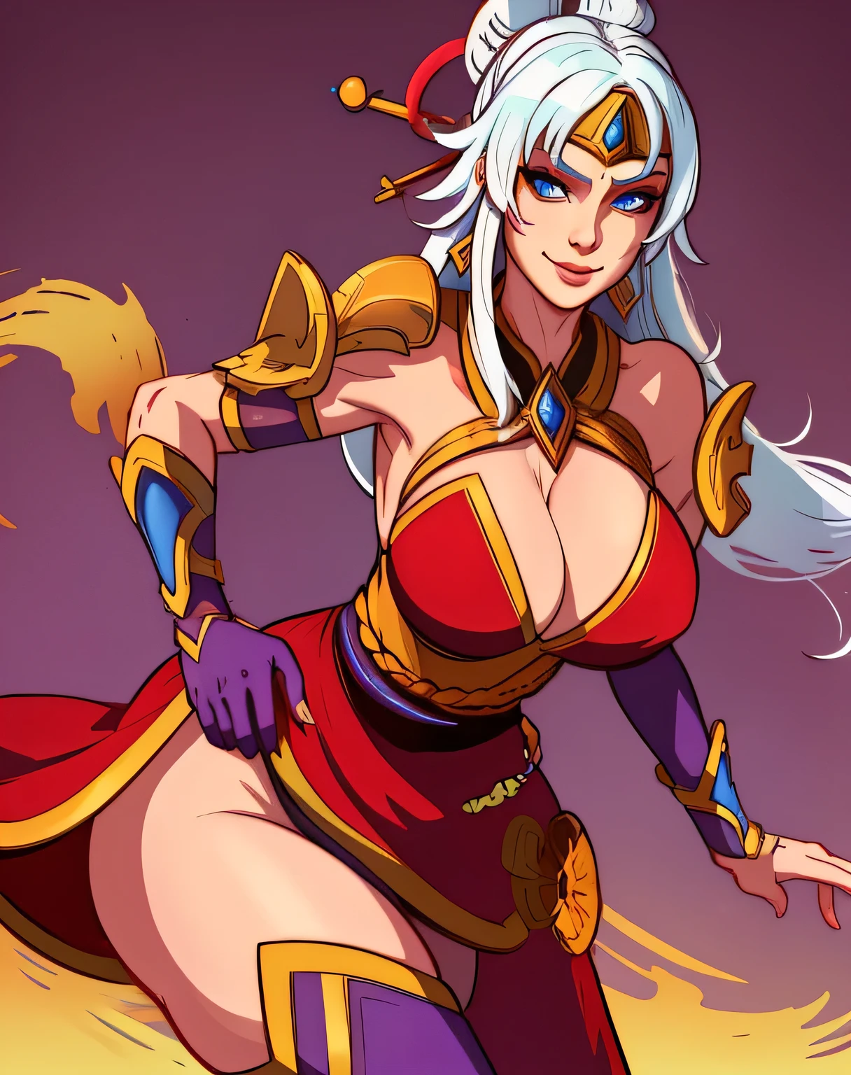 Lian, long white hair, single hair bun, hair stick,bangs,blue eyes, solo, smiling, close up, cowboy shot,
LiDres,bare shoulders,purple thighhighs,red dress, gold jewelry,armor,gloves,circlet, cleavage, purple underwear, boots,
red and gold royal castle, huge breasts,
(insanely detailed, beautiful detailed face, masterpiece, best quality) cinematic lighting,
realistic,