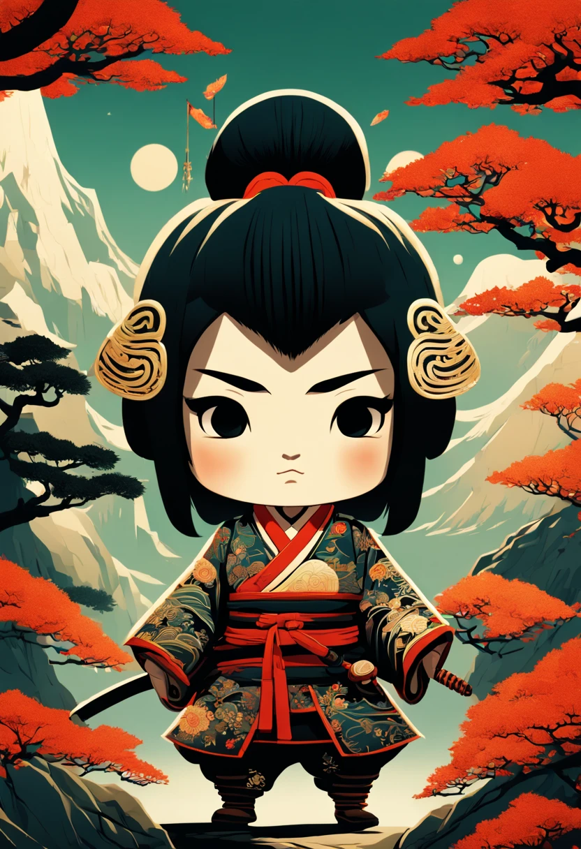 an adorable samurai chibi with traditional Japanese intricate clothes, a highly intricate and hyperdetailed drawing, Greg Rutkowski, Victo Ngai, Sakiyama, cover art, long exposure, cel-shaded, character design, 3d shading, 3DEXCITE, award-winning Epic cinematic brilliant stunning intricate meticulously detailed dramatic atmospheric maximalist