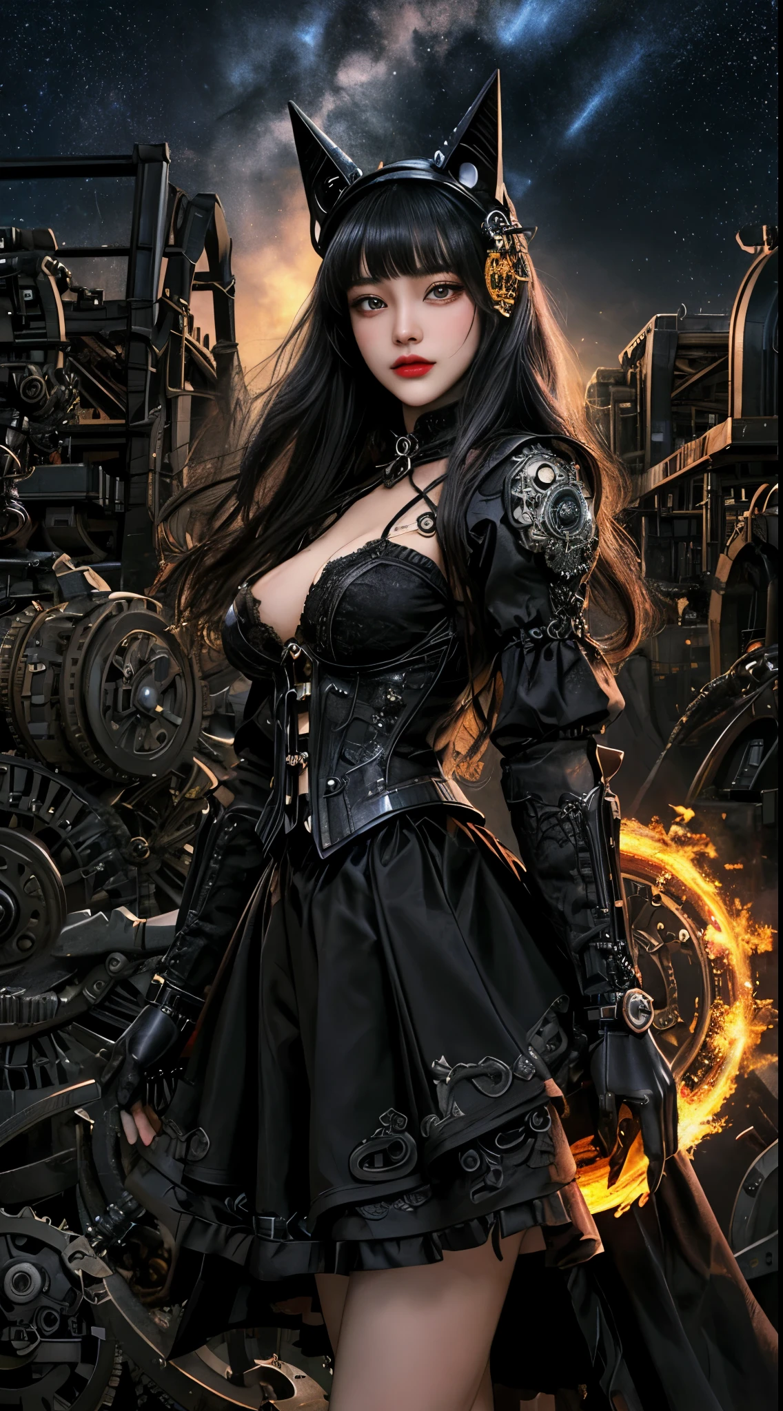Mechanical doll magical girl, female, , very dynamic action pose, UHD, retina, masterpiece, anatomically correct, skin texture, super detailed, highly detailed, high quality, award winning, top quality, 16K, thick bangs, beautiful long black hair curled vertically and heavily disheveled in the wind, slit eyes, very large crescent-shaped eyes, very large dark gray eyes shining like jewels, long eyelashes, very thin little nose, very small mouth, very thin upper lip, light colored natural makeup, very slender and attractive body, (complex mechanical steampunk headgear, black lace flared skirt, complex mechanical overdecorated gothic lolita fashiombined with steampunk fashion), upturned very small beautiful breasts, (exploding flames in the background). (complex mechanic factory, lots of gears, lots of piping, lightning filled space sky), create highly detailed and realistic images, (super detailed background), (dark mysterious: 1. 2),