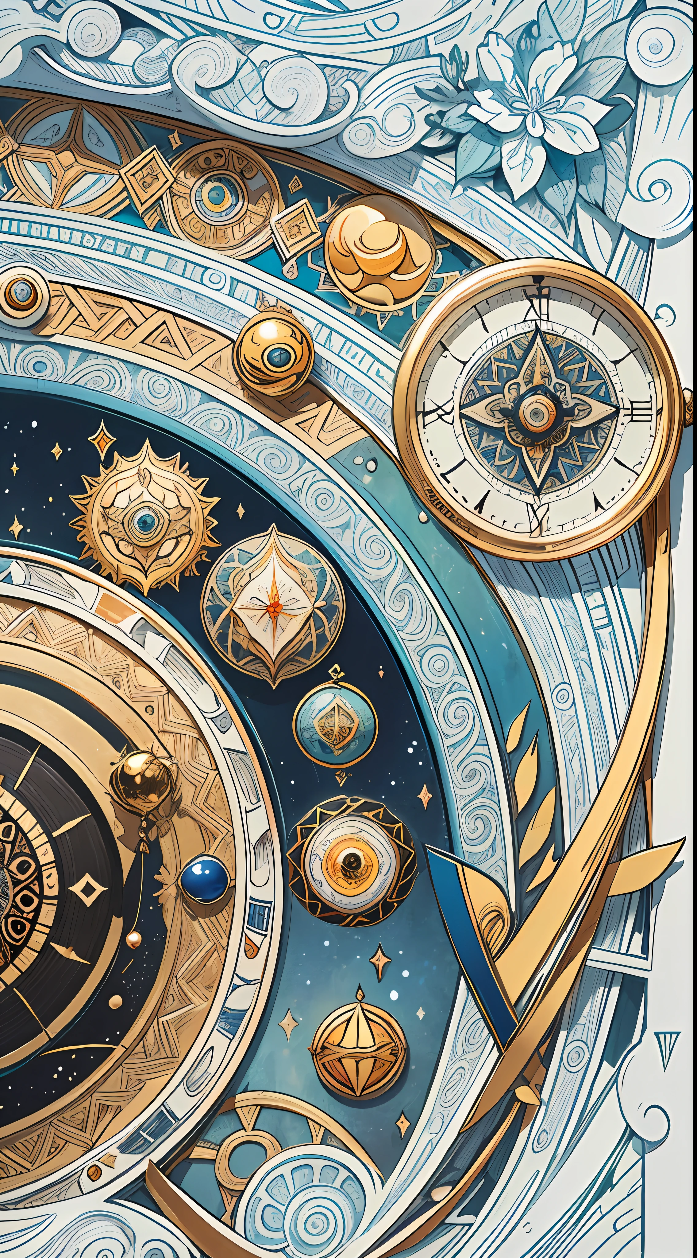 Official art, 8k wallpaper, ultra detailed, Beautiful and aesthetic, high quality, Beautiful, Masterpiece, Best quality (confused, mandala, confused, confused: 0.6), symmetric, mandala, symbol of the 12 zodiac signs, like a clock. (zodiac symbol: 1.0), symbolization of planets and orbits, Sun in the center. symmetric, golden ratio. Additional color: white, blue, orange, silver, gold, genshin iconographic effect