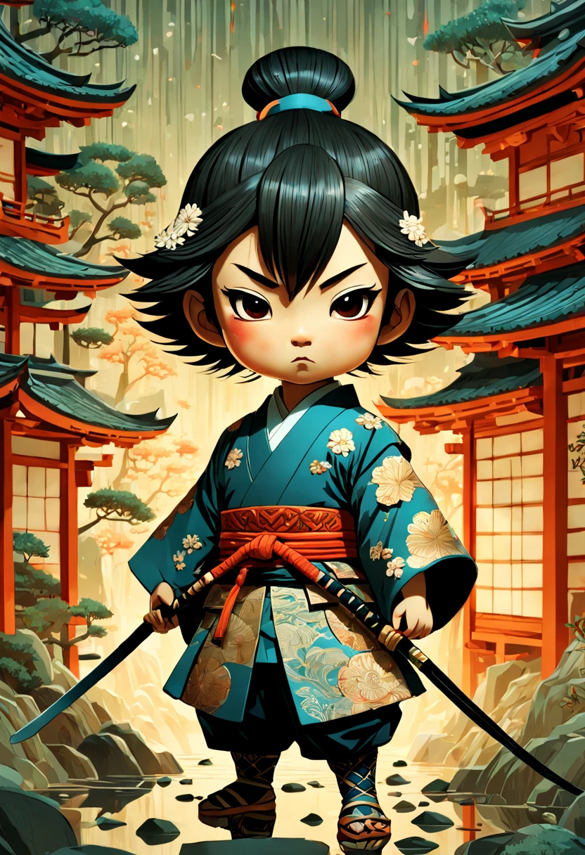 an adorable samurai chibi with traditional Japanese intricate clothes, a highly intricate and hyperdetailed drawing, Greg Rutkowski, Victo Ngai, Sakiyama, cover art, long exposure, cel-shaded, character design, 3d shading, 3DEXCITE, award-winning Epic cinematic brilliant stunning intricate meticulously detailed dramatic atmospheric maximalist