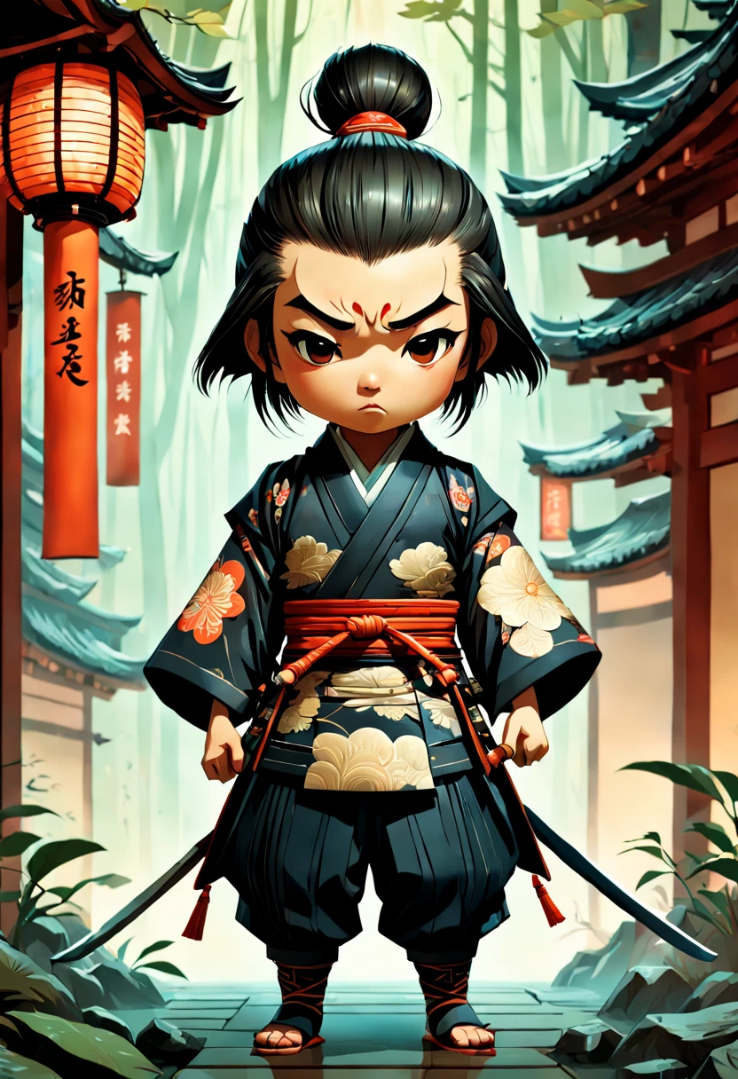 an adorable samurai chibi with traditional Japanese intricate clothes, a highly intricate and hyperdetailed drawing, Greg Rutkowski, Victo Ngai, Sakiyama, cover art, long exposure, cel-shaded, character design, 3d shading, 3DEXCITE, award-winning Epic cinematic brilliant stunning intricate meticulously detailed dramatic atmospheric maximalist