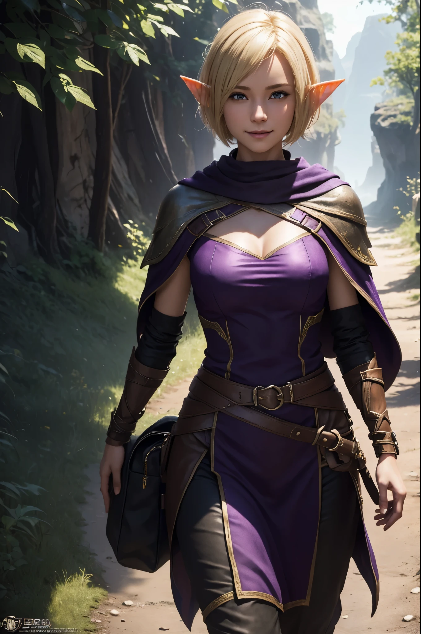 8k,Smiling blonde short bob hair elf,super beautiful(like the real thing),elf ears,An Arafe woman wearing a brown cloak is walking., super detailed Fantasy characterss, 3d rendering character art 8k, types of bacteria ; 3d unreal engine, fantasy costume, 4 k detail fantasy, 2. 5d cgi anime fantasy artwork, Fantasy characters, gorgeous purple and black pants, seductive woman, 素晴らしいcharacter art,masterpiece,Photorealistic RAW photos of the highest quality。bright colors,rich colors, Backlight, cinematic lighting, film grain, to be born, 50mm lens, Nikon D850,realistic skin,fantasy art,character art,ultra high resolution,realistic skin,wilderness,small breasts,road with dust,Adventurer's Costume,Carrying a large bag on your back,walk with half your face covered,hide your face,sharp gaze,