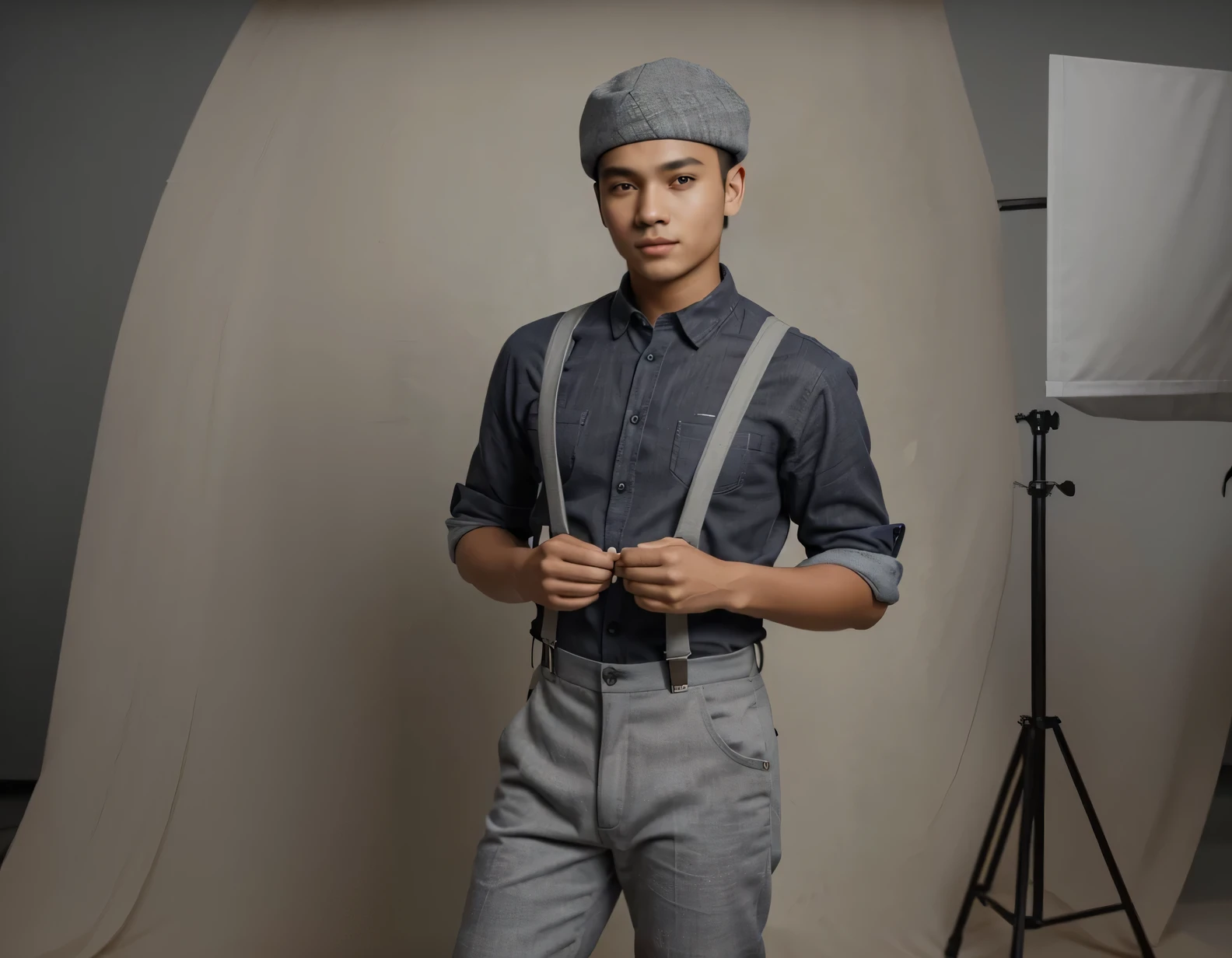 in a photo studio. lighting props and grey backdrop