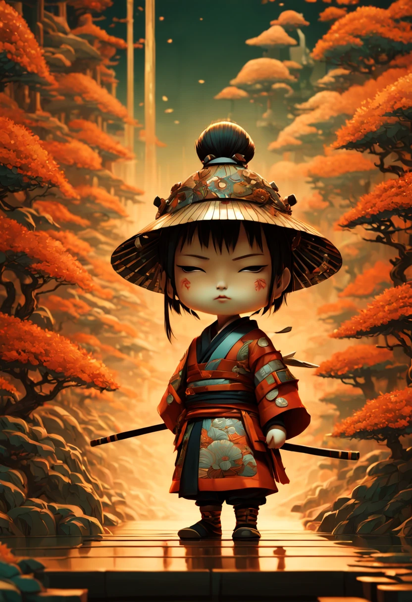 an adorable samurai chibi with traditional Japanese intricate clothes, a highly intricate and hyperdetailed drawing, Greg Rutkowski, Victo Ngai, Sakiyama, cover art, long exposure, cel-shaded, character design, 3d shading, 3DEXCITE, award-winning Epic cinematic brilliant stunning intricate meticulously detailed dramatic atmospheric maximalist