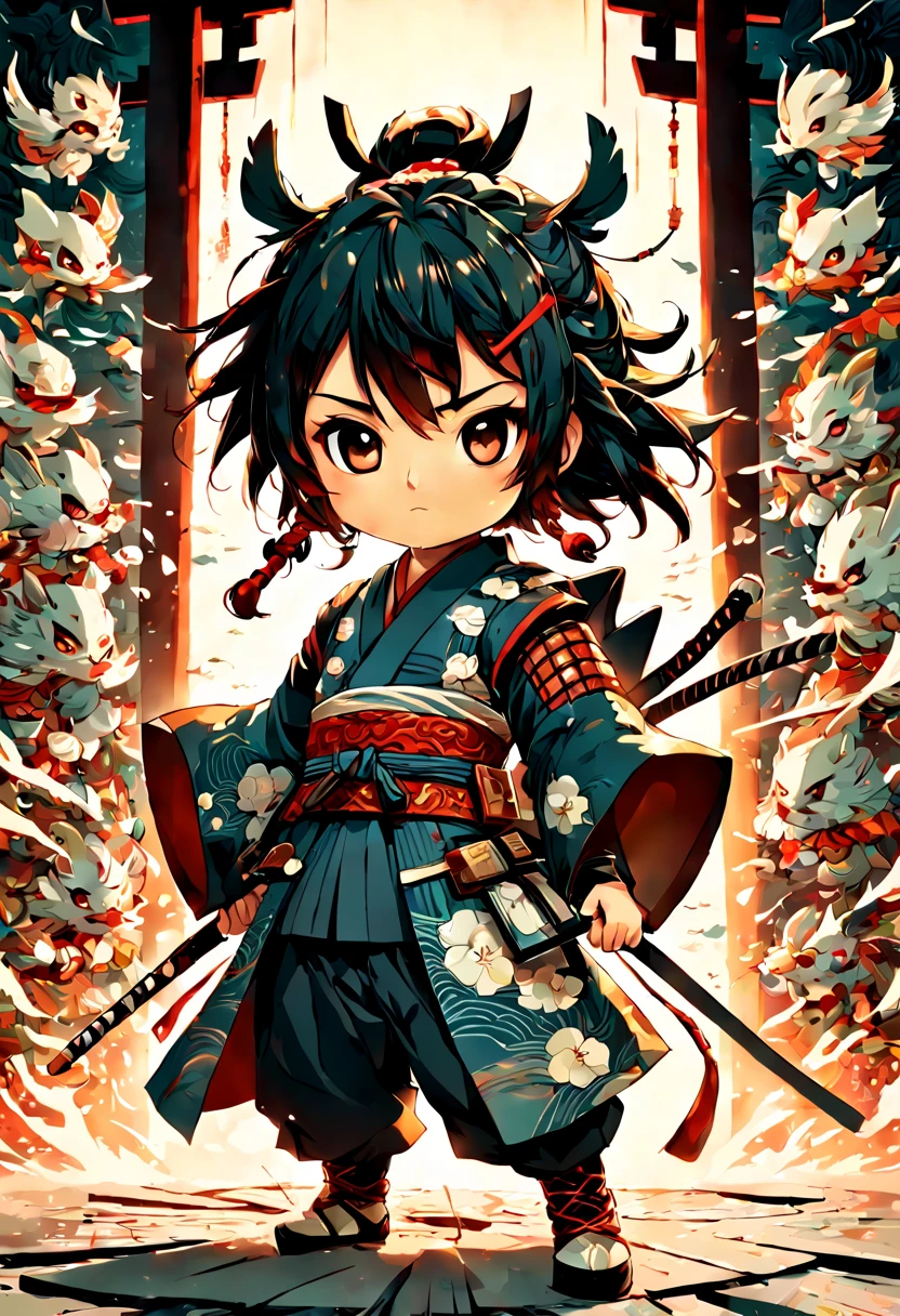 an adorable samurai chibi with traditional Japanese intricate clothes, a highly intricate and hyperdetailed drawing, Greg Rutkowski, Victo Ngai, Sakiyama, cover art, long exposure, cel-shaded, character design, 3d shading, 3DEXCITE, award-winning Epic cinematic brilliant stunning intricate meticulously detailed dramatic atmospheric maximalist