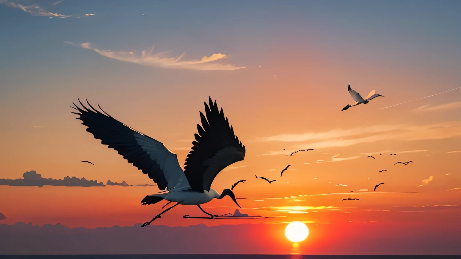 There are many birds flying in the sky at sunset, sunset illustration, Two cranes flying through the sun, sol puesta de sol, atardecer, atardecer, amanecer, Sol rojo en el fondo, Atardecer rojo, Flying birds in the distance, Flying through the sunset, Flying birds in the distance, puesta de sol en el fondo, amanecer, es el atardecer, Birds flying in the distance 