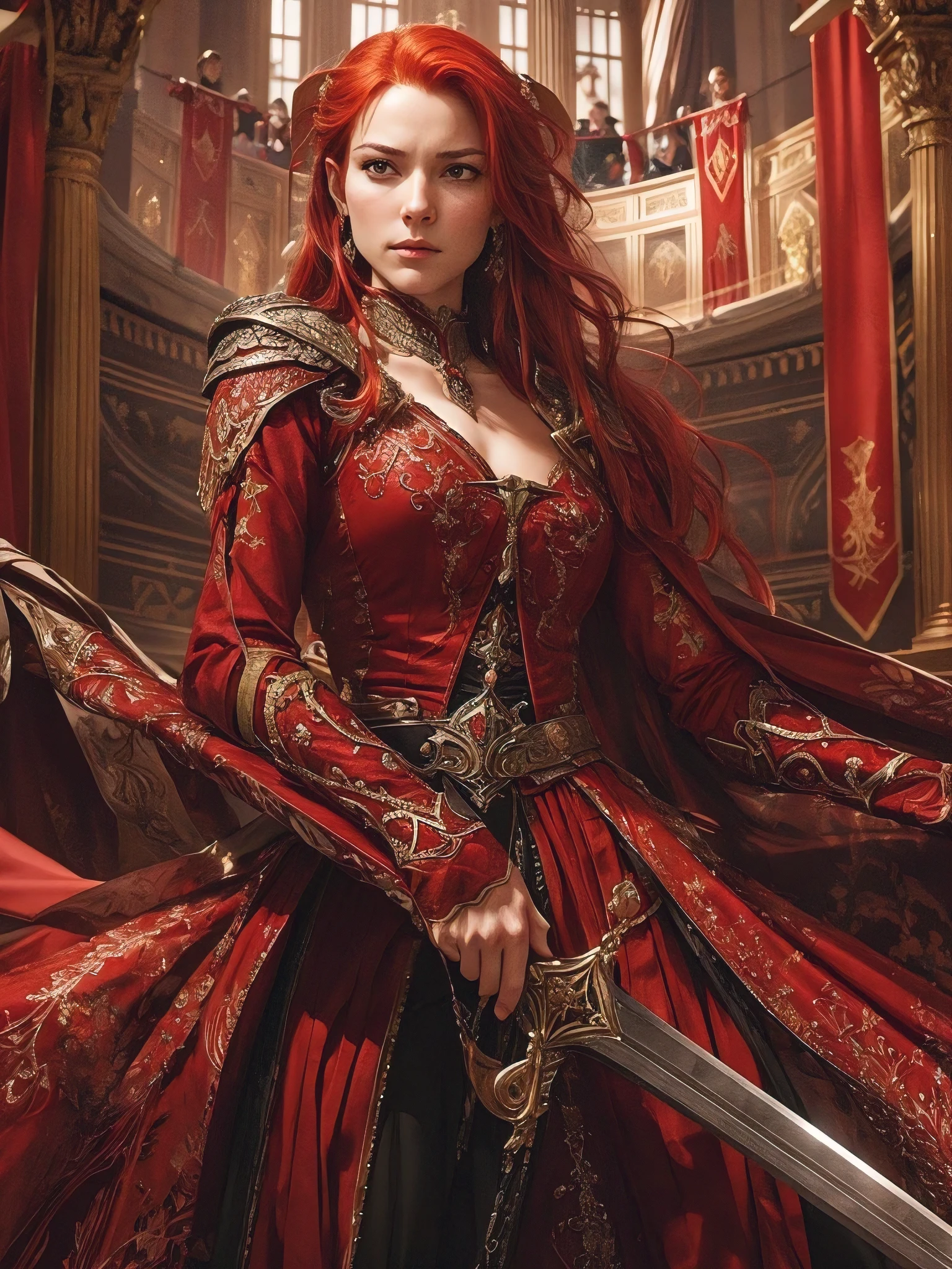 A tall countess with a battle-hardened physique. Straightforward, quick-tempered and irascible, yet extremely curious. Red hair. Two-handed sword. In a throne hall