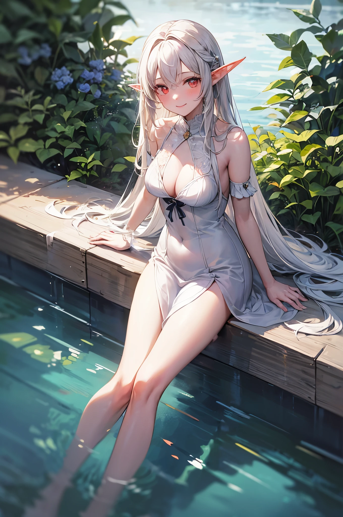 (Masterpiece, in detail, hyperrealism, Photo, strong tilt of the camera to the floor, shot from above), Red eyes, kind smile, tender look, real smile, light blush, girl up to her chest in water, floats, soft water, bright reflections, shine, aesthetic picture, soft colors, just water and a girl, faces not visible, white long dress flows in the water, water vibrations, Clear blue water, warm light, long white hair, pale skin, beautiful body, Correct proportions, elf ears, Graceful hands, soft mysterious pose, partially in water