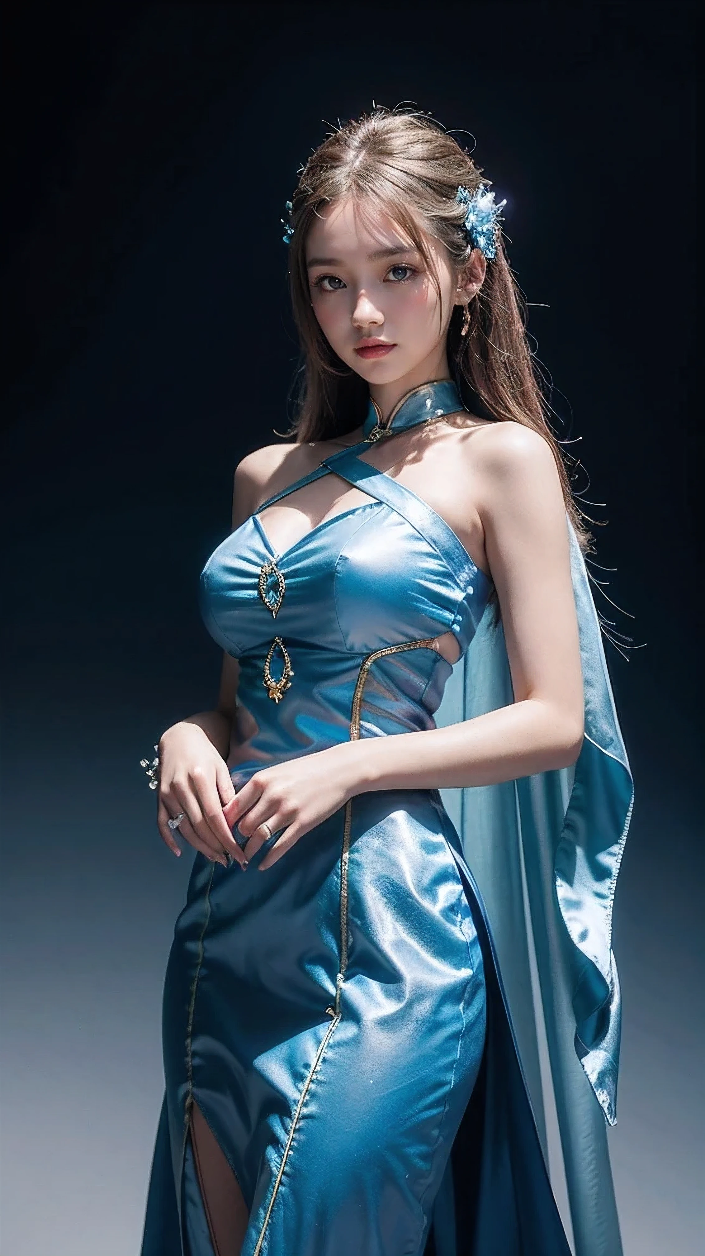 There is a woman in a blue dress posing for a photo, Concept art inspired by Leng Mei, Douban, fantasy art, Moon themed clothing, Astral Witch Clothes, fantasy costumes, Anime Girls Cosplay, Beautiful celestial mage, tube top dress, Popular topics on cgstation, goddess in heaven, April rendering, light blue, Dream medium portrait top light, light blue skin