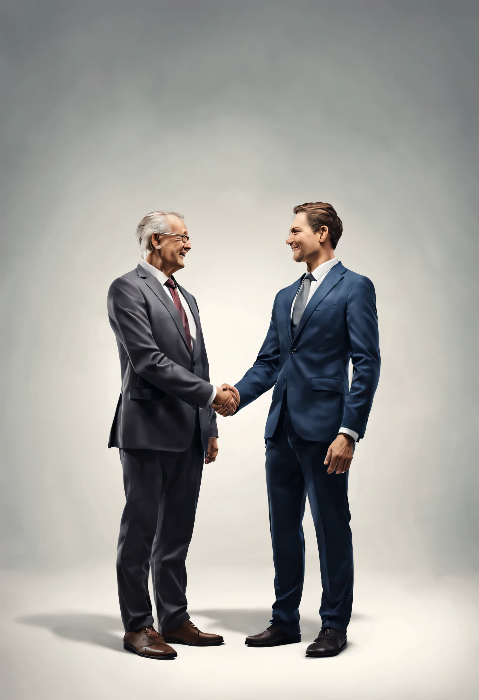 Realistic illustration of a business handshake between two men, clear background, Professional clothing, Symmetrical composition, Realistic lighting and shadows