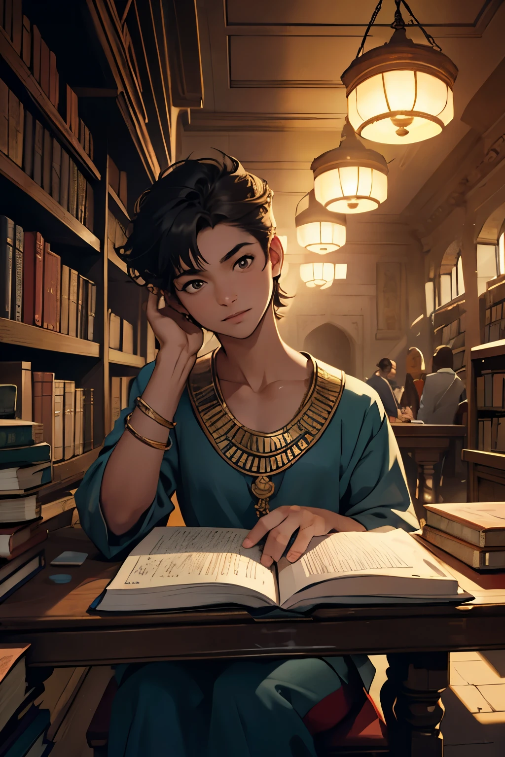 short-haired young bibliomaniac is in an ancient library of Alexandria or Babylon. o en una biblioteca del antiguo egipto tiene cabello naranja y otro joven lo mira sentado y leyendo de espaldas a su escritorio lleno de libros desordenados mientras lee en la oscuridad, un ambientedel antiguo egipto