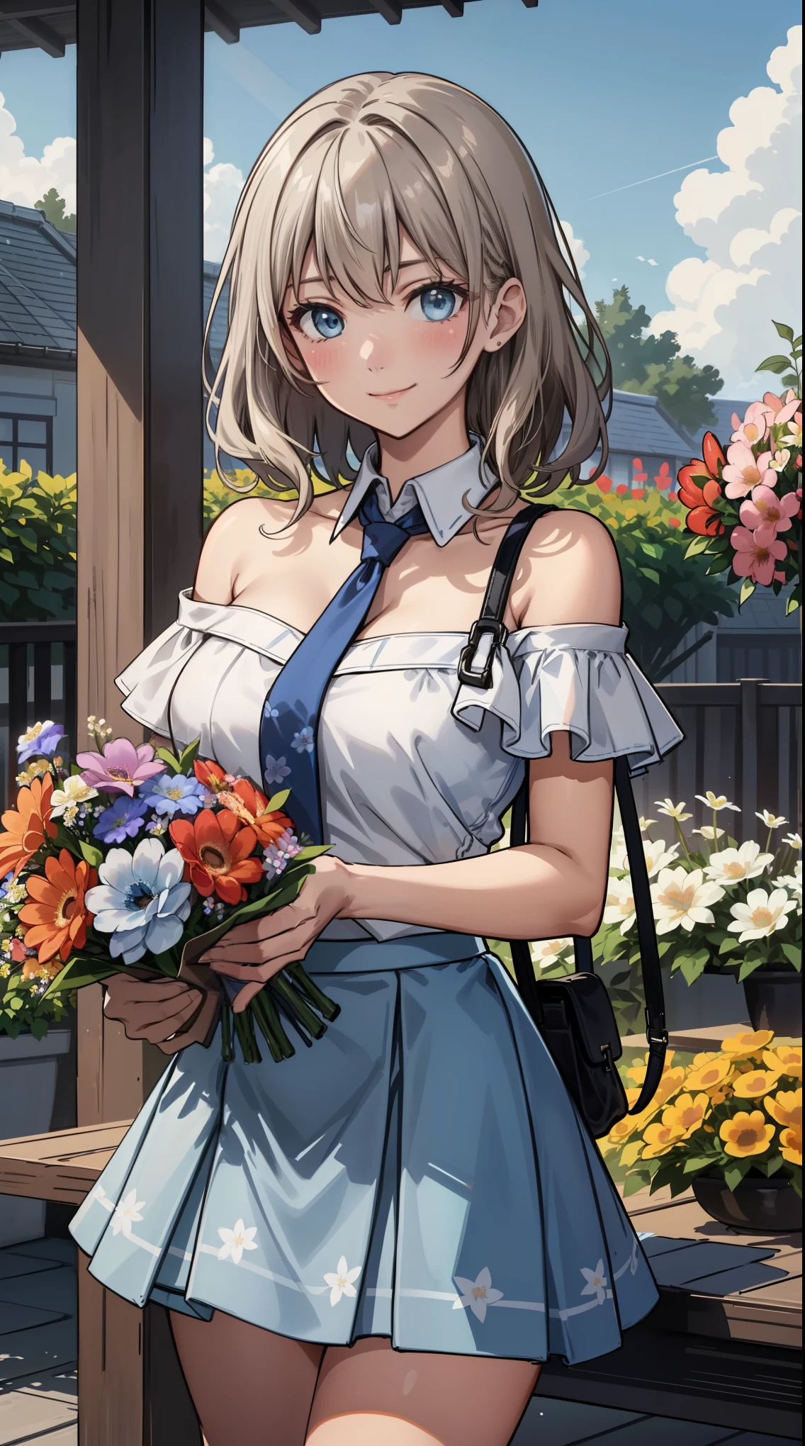 1 girl:1.2, cute, （smile:1.4,blush:0.6）,break（medium breasts:1.3), (outdoors), looking at the viewer, （Gradient silver Dutch braid）, （blue eyes),BREAK（(flower garden, colorfulな花)）,（bright sunshine,Blue sky,White cloud）, break（(White off-the-shoulder shirt),BREAK（(just the collar of a white shirt）,（thin light blue tie)）, break（(flower pattern skirt）,（light blue micro skirt:1.5)）,BREAK（(hang the bag strap on your shoulder）,（light brown shoulder bag)）, BREAK（standing pose）,cowboy shot, Americanism, fluid, particles of light, Sun rays, fine skin texture, Scattered beneath the surface,break (8k wallpaper,table top, highest qualityの, highest quality, beautiful and aesthetic:1.2), very detailed, (colorful), best details,BREAK（(holding a large bouquet in hand）:1.5)）