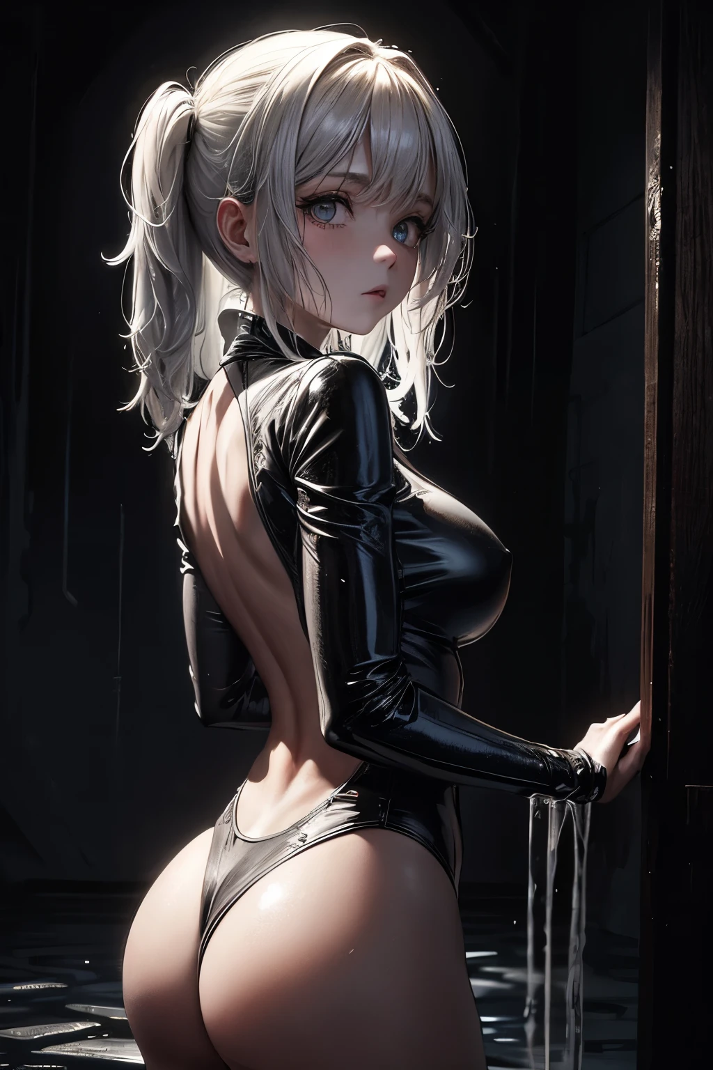 (1.3 girl with wet surfaces), a captivating image by the visionary H. R. Giger, illustrates a solitary girl in a complex and intricately designed background comprised of wet, shimmering surfaces. Stuff in the background adds depth and mystery to the scene, skillfully executed with the utmost detail. The girl's form is emphasized by the hi-definition rendering, with her detailed posterior showcased in the gloomy, dimly lit environment. The atmosphere is further enhanced by the use of HDR, vignette, and a slate-gray tone (0.8), subtly enveloped by the renowned artistic touch of Ben Templesm
