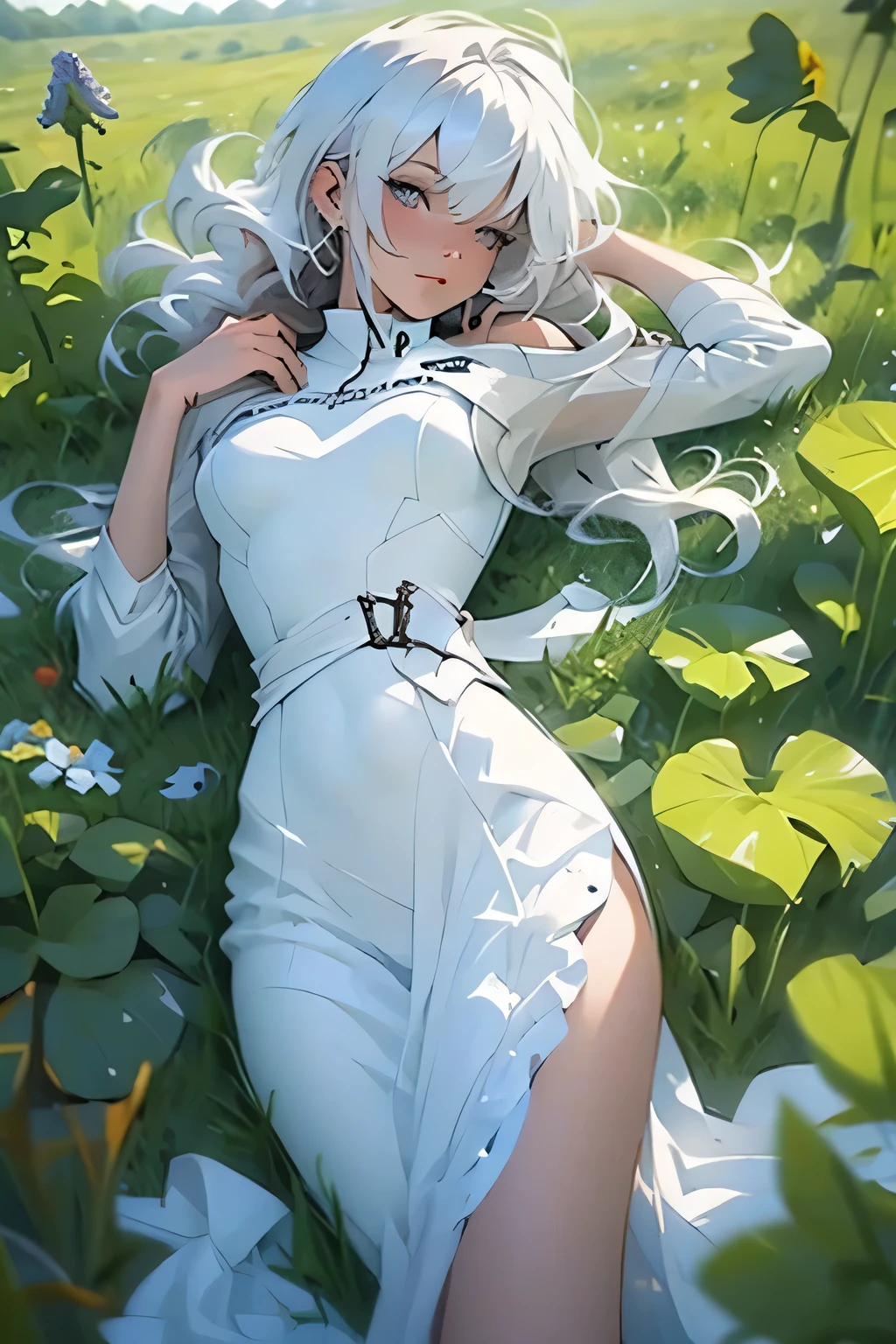 <lora:kaine:0.6>, kaine \(nier\), 1girl, darkness, grass, side view, lying, looking at the sky, flower in hair, clothing cutout, white hair, bandaged neck, full body,
<lyco:GoodHands-beta2:1>, 
(best quality, masterpiece)