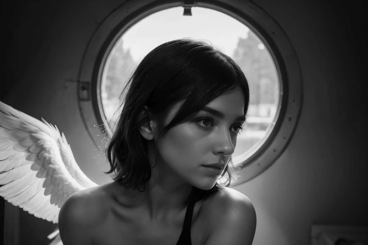Envision a fashion model striking a daring pose with a gun, as conceptualized by Matty Gillis Dylan, but with a twist that merges angelic innocence with underlying trapped emotions. This scene should be captured in the timeless elegance of black and white, using a Sony Alpha A7 III to ensure every detail is crisply rendered. Incorporate the artistic finesse of fine art nouveau, blending it seamlessly with the natural allure of outdoor scenes. The choice of a Goerz Hypergon 6.5mm f/8 lens will exaggerate perspectives, adding a dramatic edge to the composition, further enhancing the duality of the model's portrayal, a blend of celestial purity and intense emotion